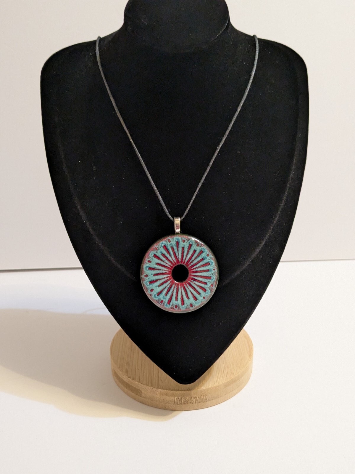 Round Multicolor Resin Pendant And Black Cord Necklace. FLAWED Cord.