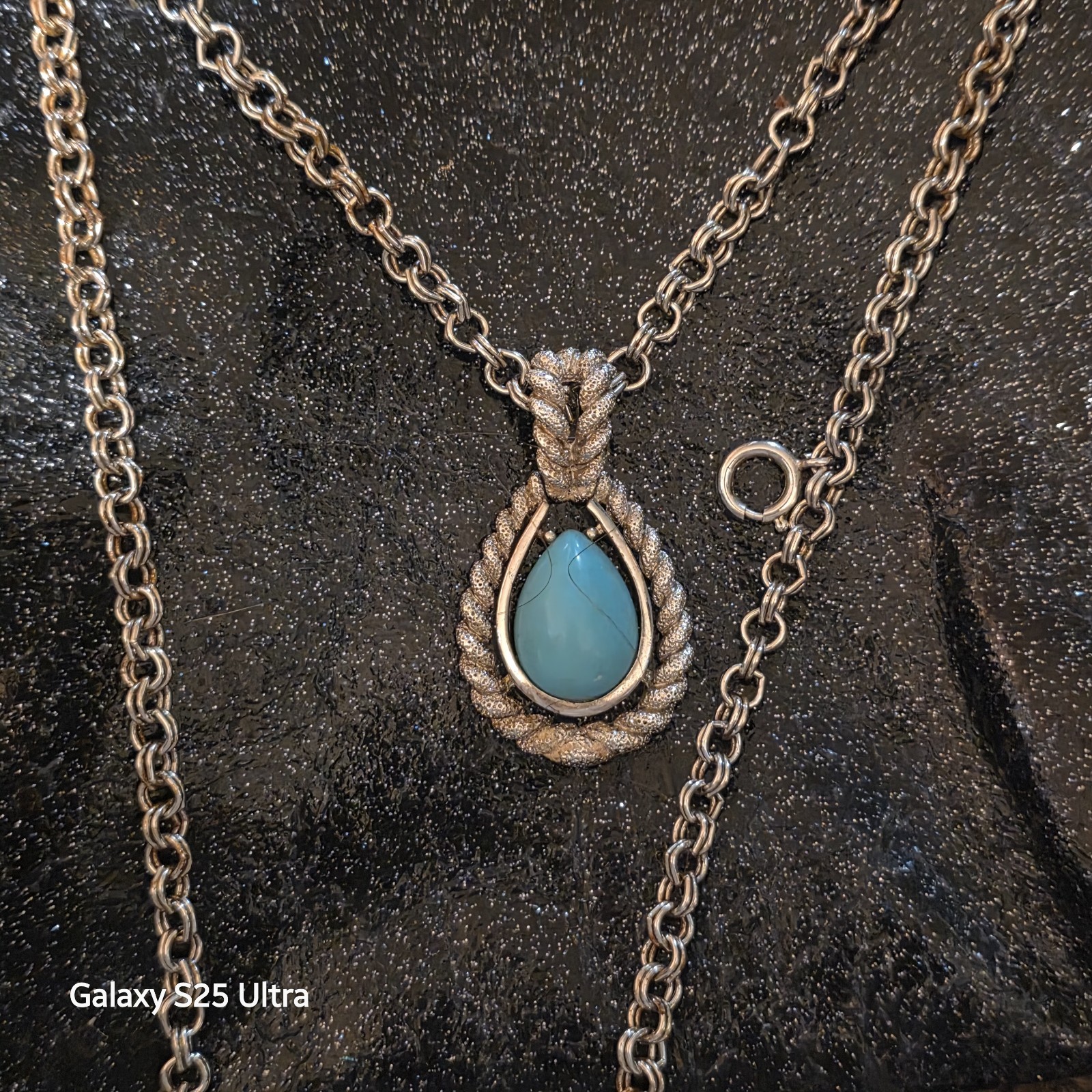 Vintage 70s Original Avon Chain Necklace With Faux Turquoise Pendant