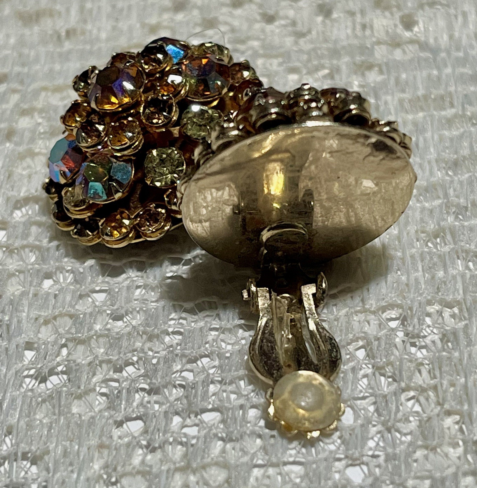 Vintage Clip Earrings Signed Pat Pend Dome Cluster Prong Set Topaz AB Rhinestone