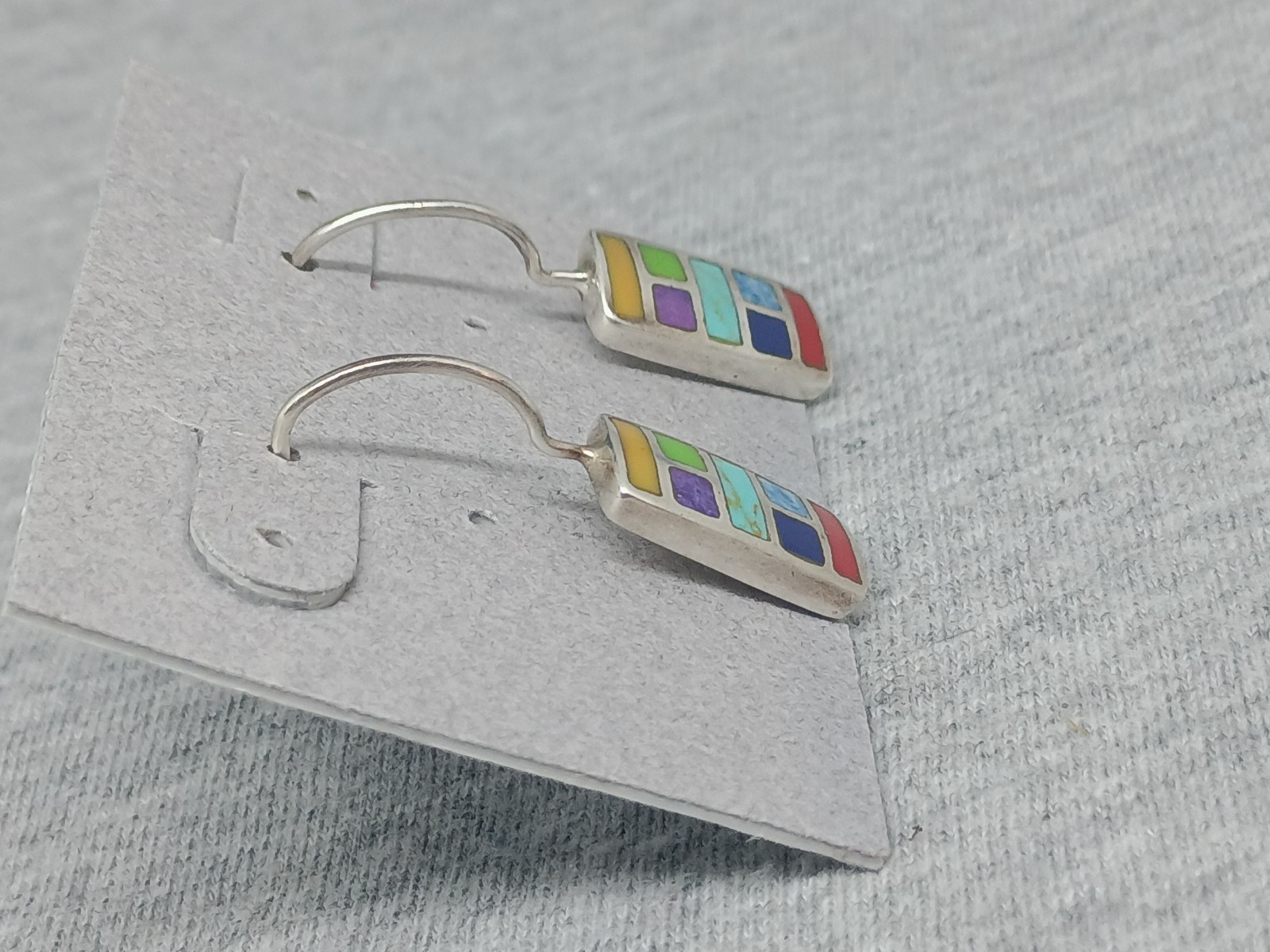 Vtg 925 Sterling Silver Multicolor Bad Pierced Dangle Hook Earrings Signed SX 1″