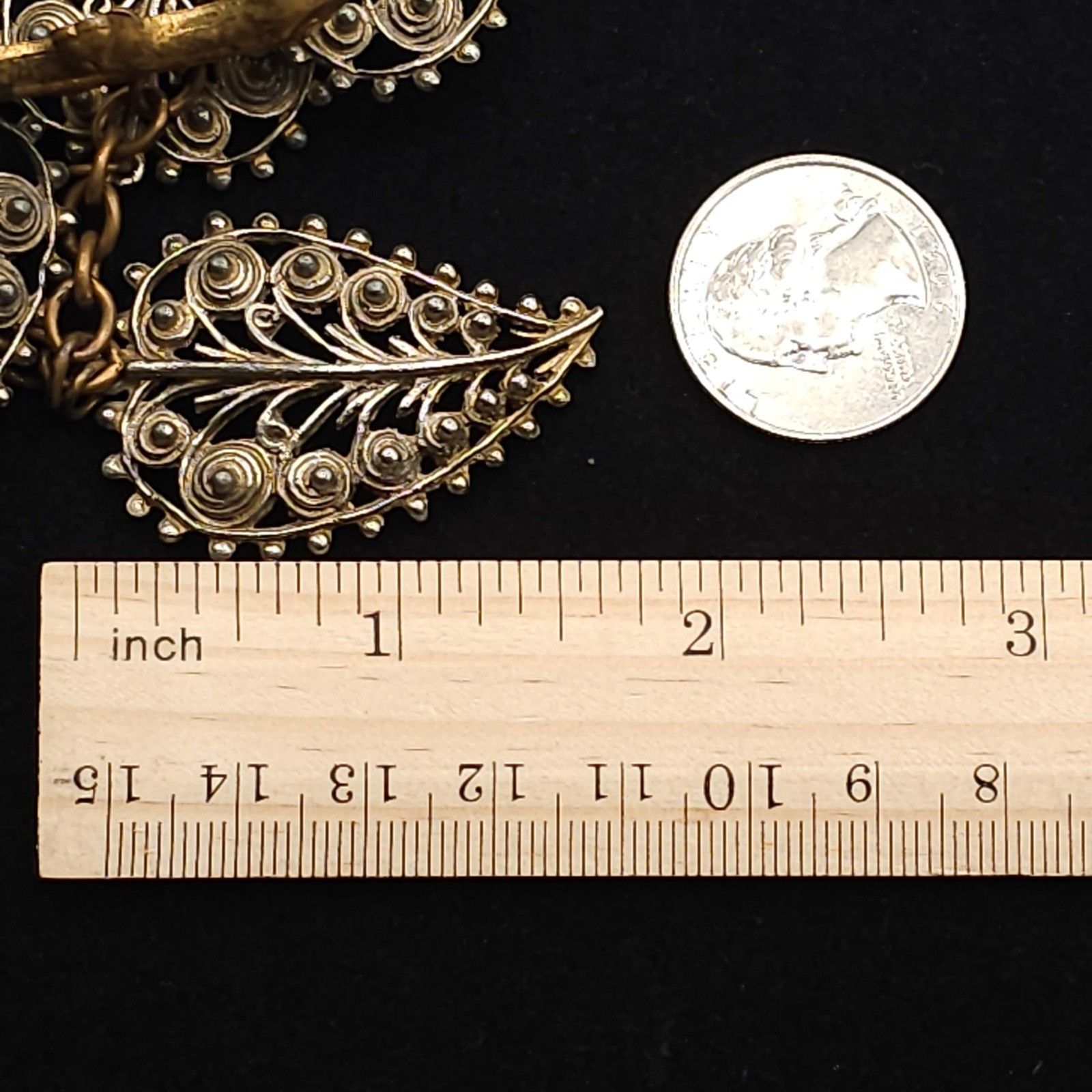 Vintage Filigree Dangle Leaf Brooch Statement Nature Gold & Silver Tone Ornate