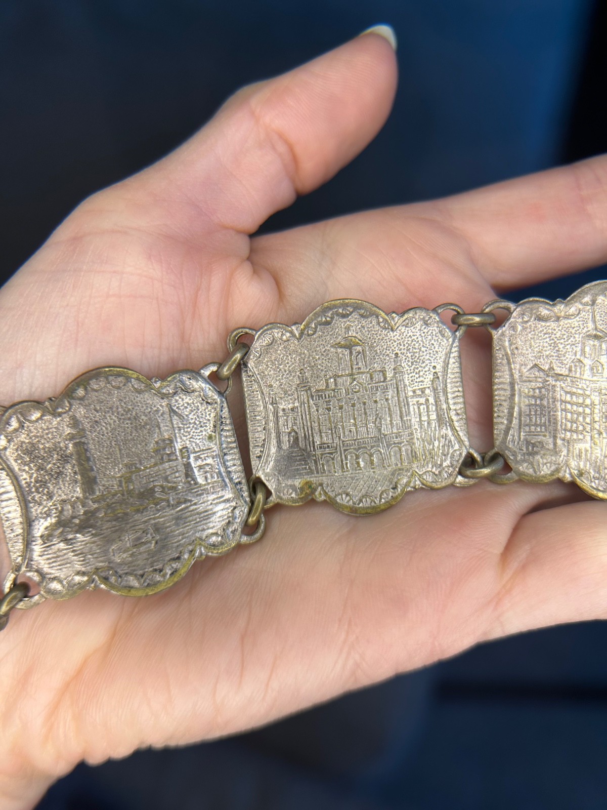 Antique European Cityscape Panel Bracelet 1930s Silver Plate Souvenir Scenic 9″