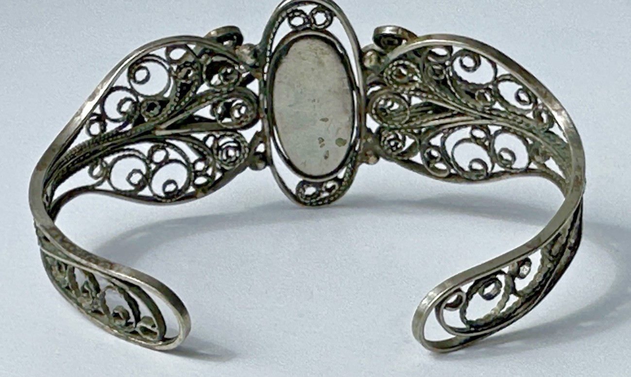 Vintage Painted Floral Motif Enamel Cuff Bracelet W/ Ornate Filigree