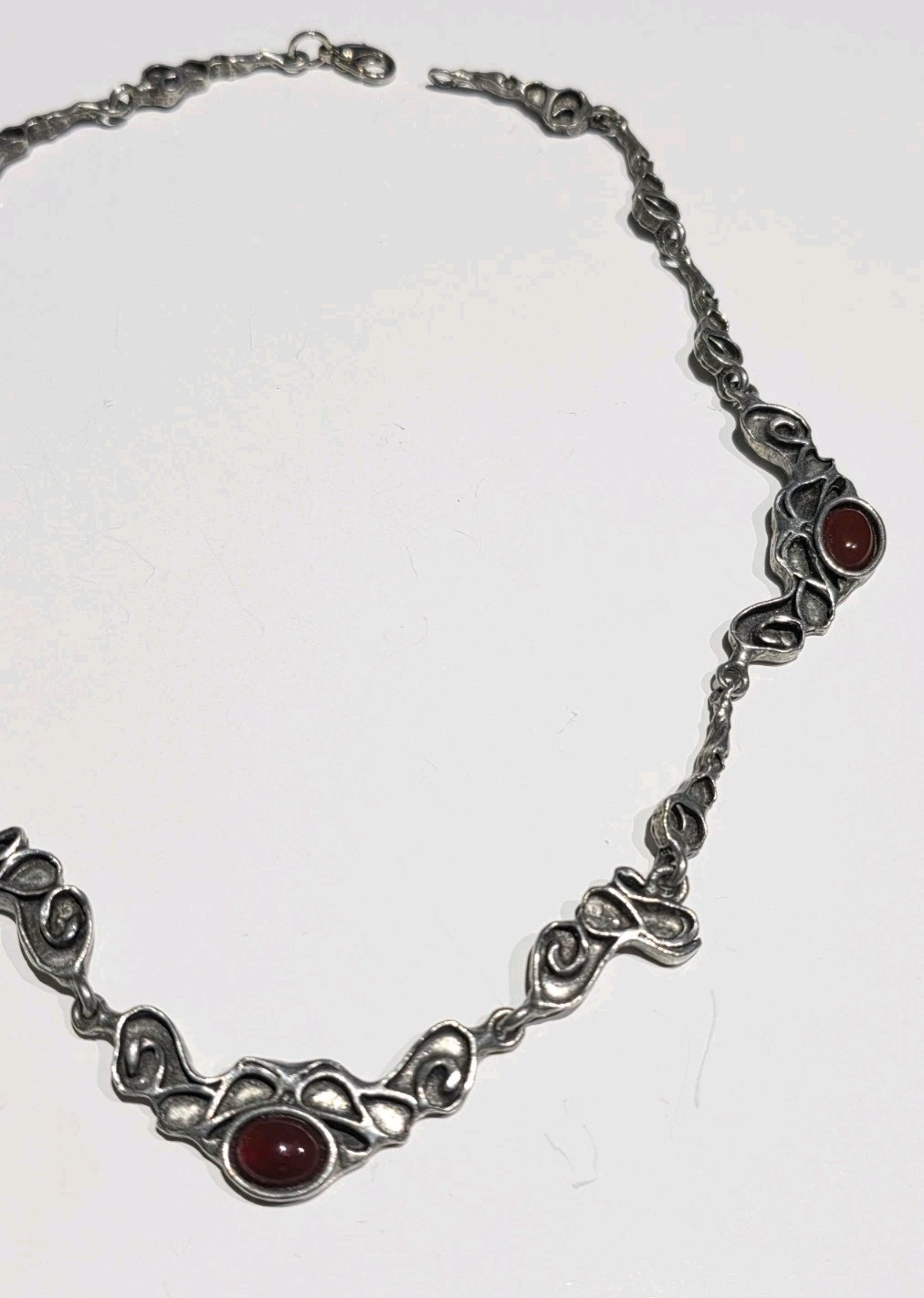 Vintage Brutalist Organic Pewter Necklace Red Cabochon Mid Century Modernist