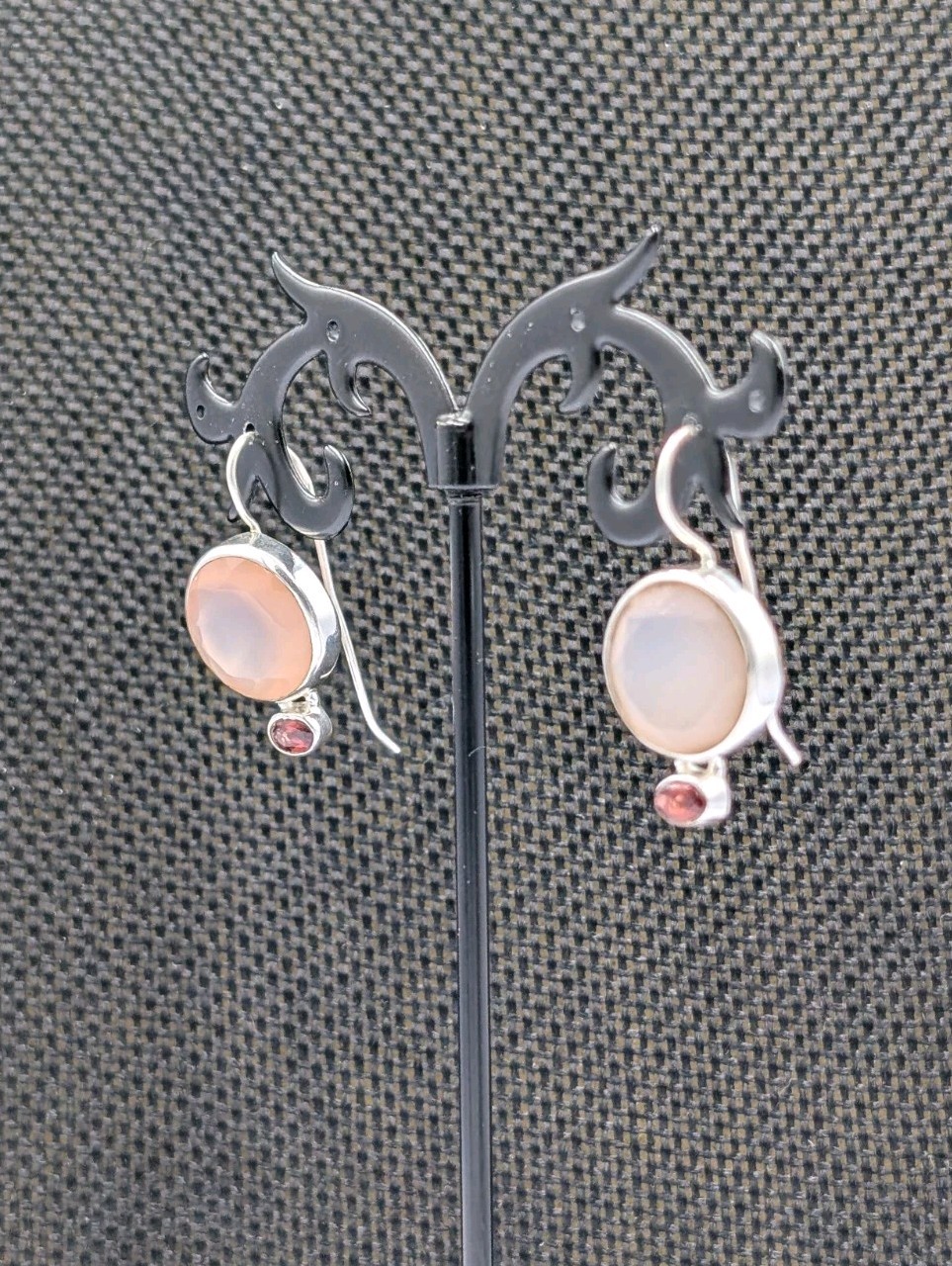 ISJ Vtg Sterling Silver Round Rose Quartz & Oval Garnet Hook Dangle 925 Earrings