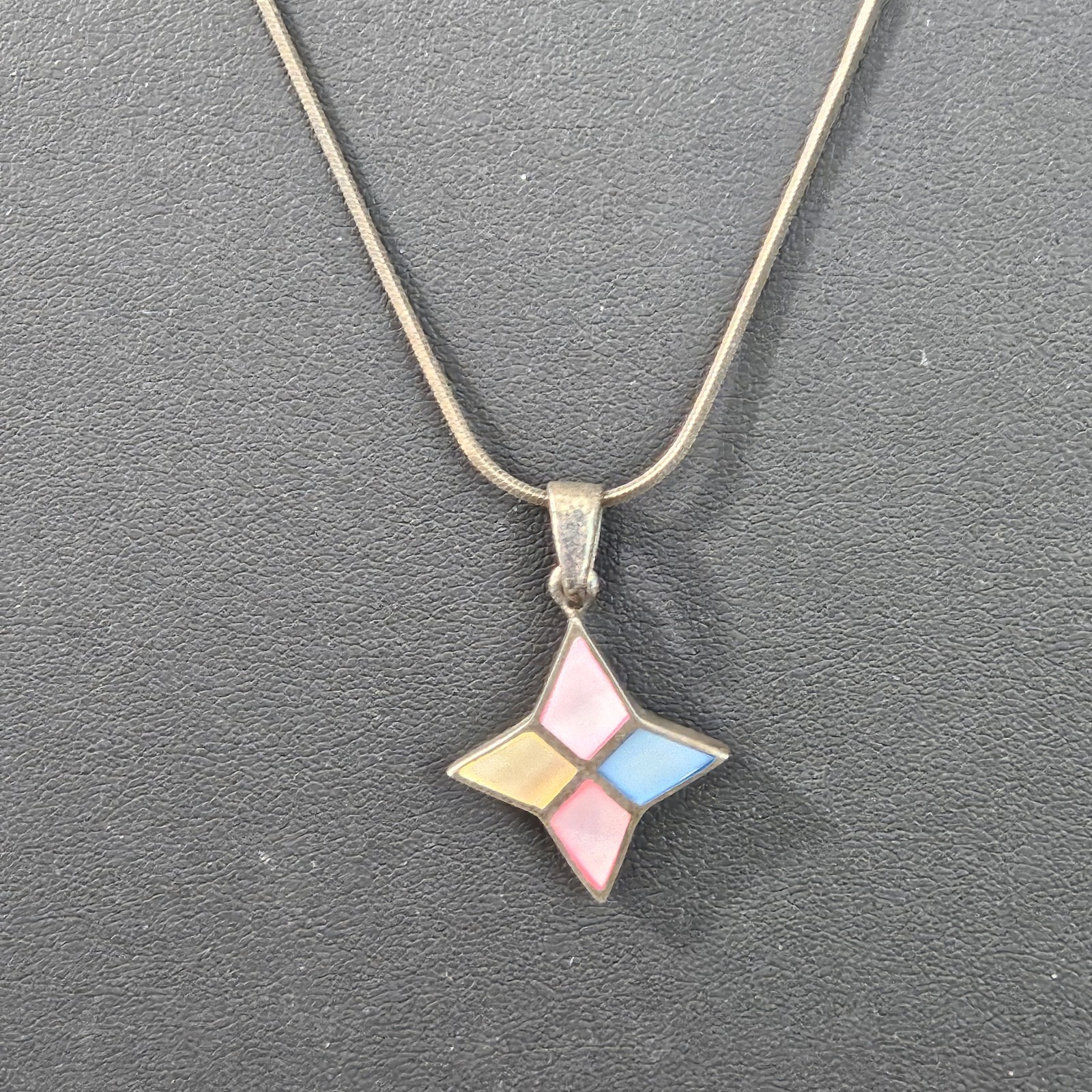 Vintage Sterling Silver Multi-Color Mother of Pearl Pendant Pastel Mosaic 19″