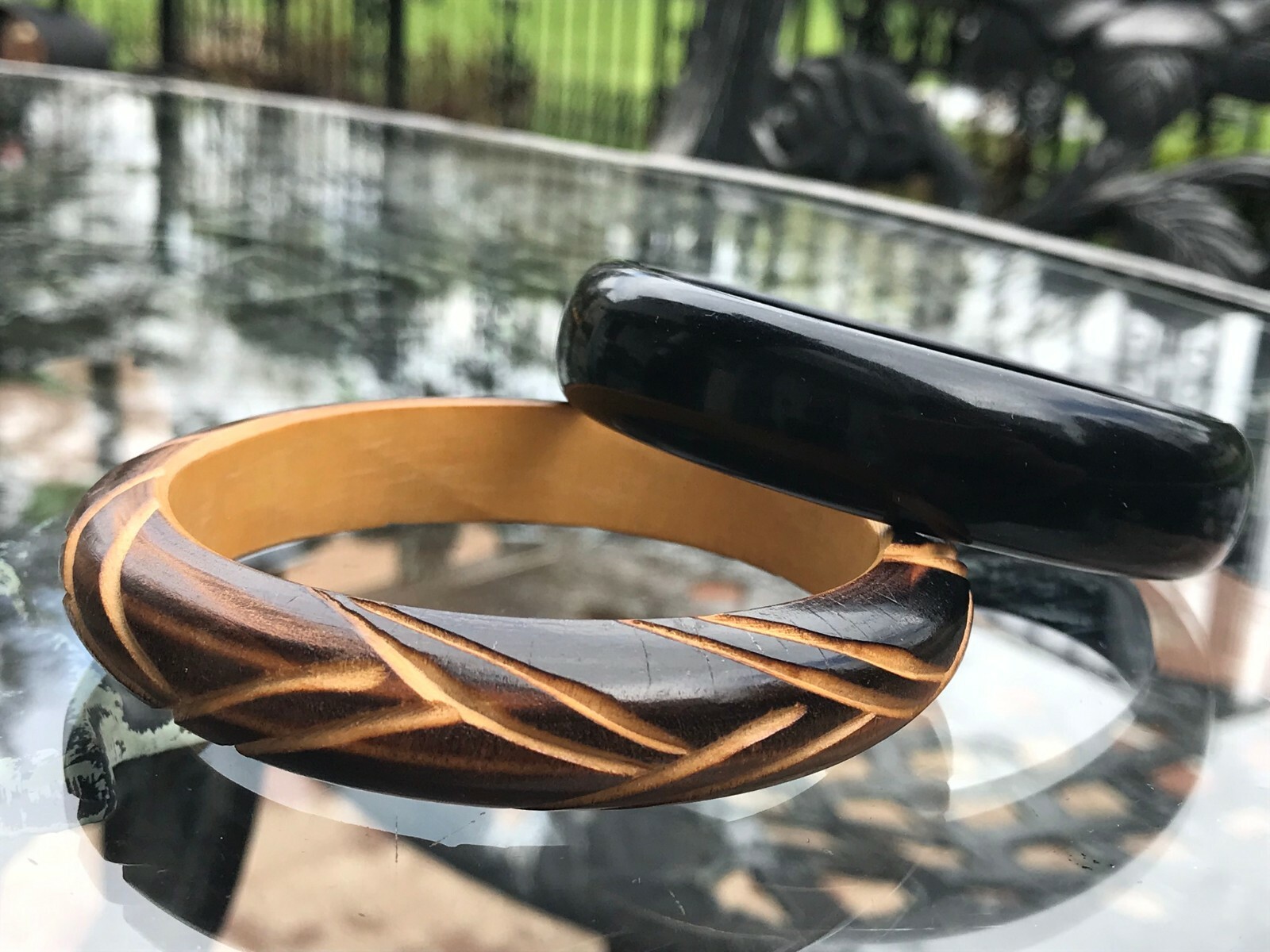 Vintage Bangles Mixed Pair, Lucite and Wood