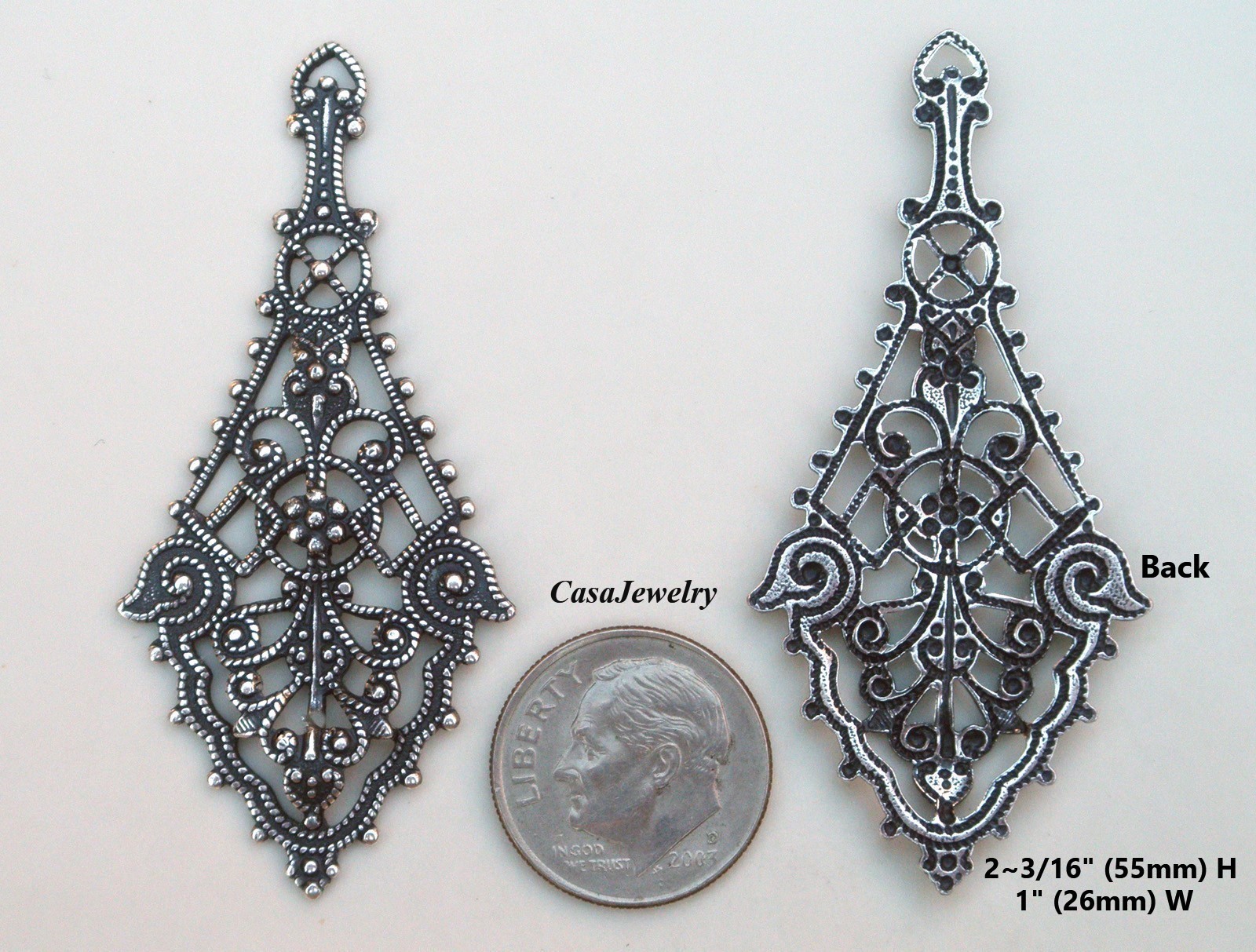 #1750 ANTIQUED .925 STERLING SILVER PLATED FILIGREE W/TOP RING – 2 Pcs