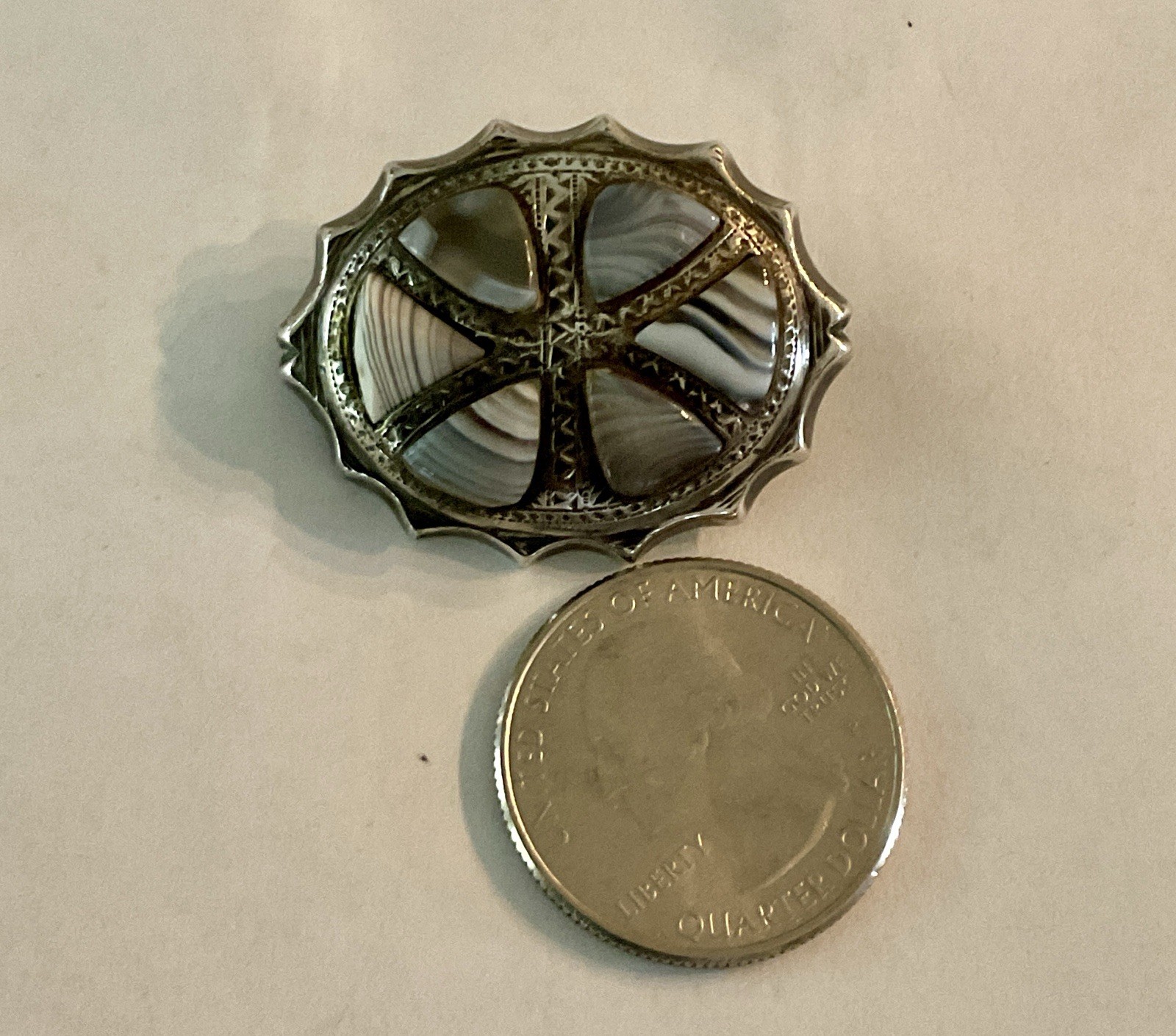 Antique Sterling Silver and Grey Agate Stone Scottish Pin 9.64 Grams