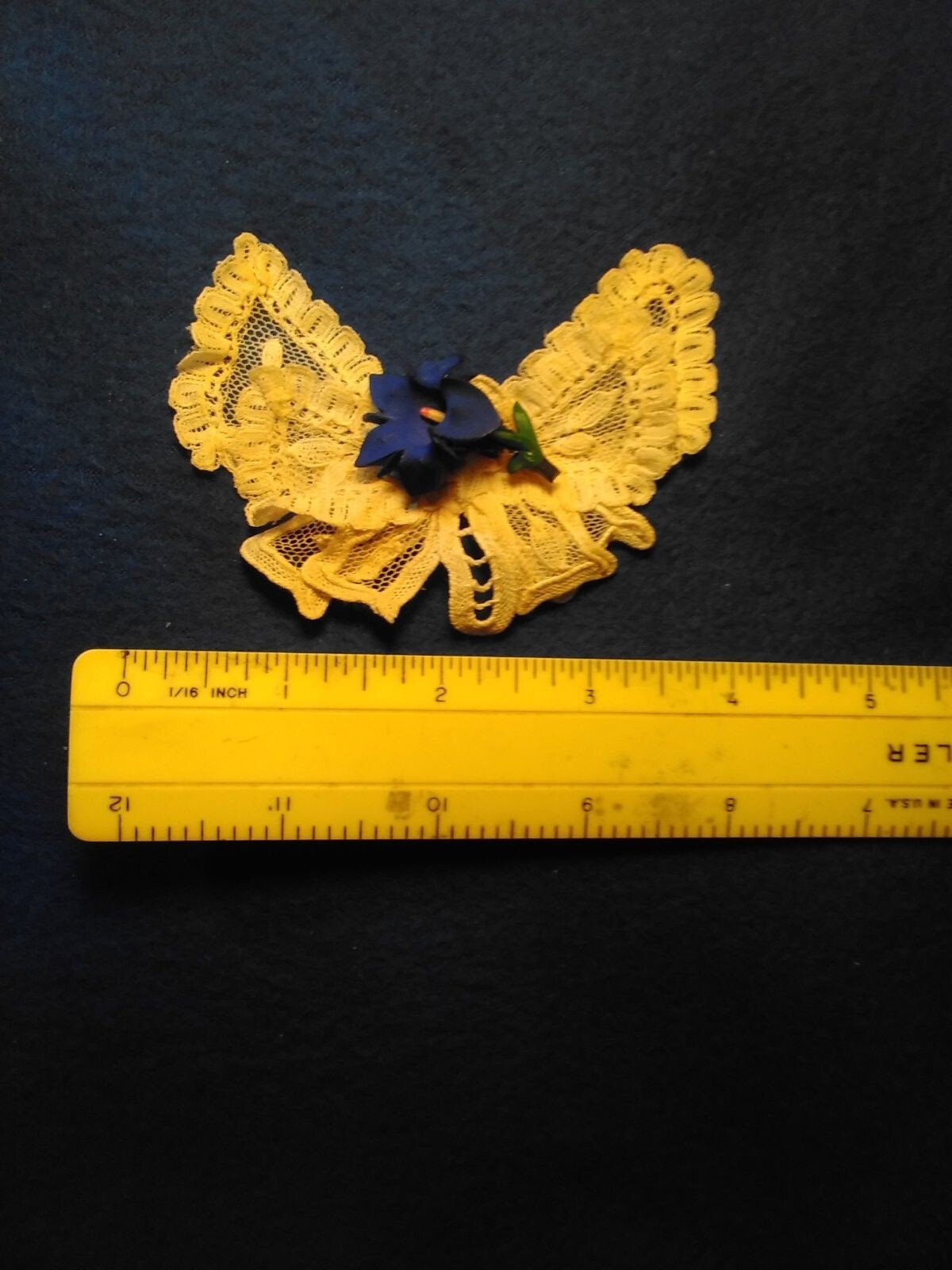 Vintage Violet Blue Floral Brooch Pin On Butterfly Shaped Delicate White Lace