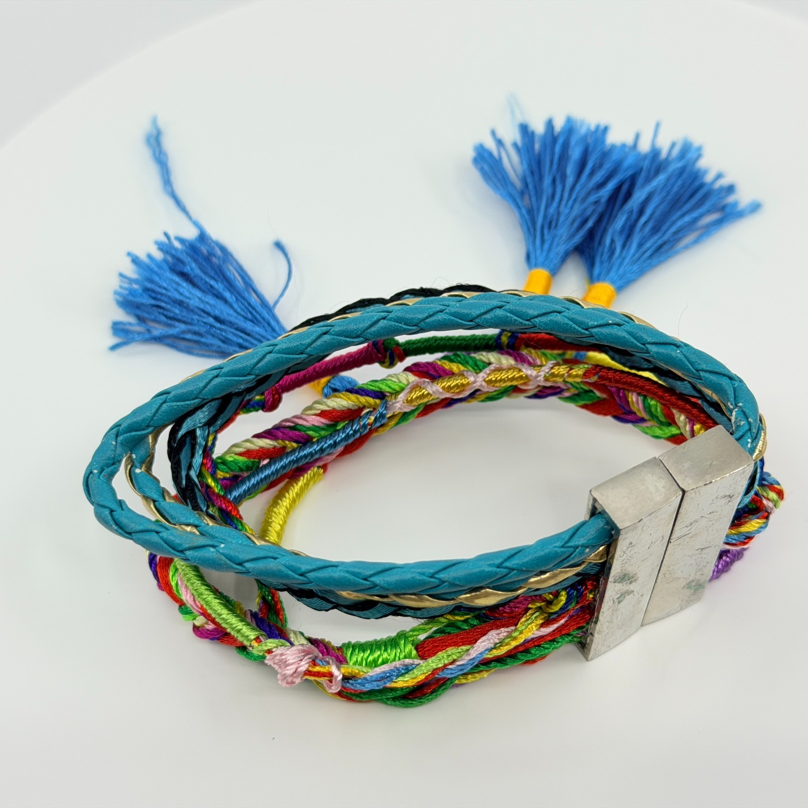 Vintage Blue Teal Multi Strand Braided Wrap Bracelet Tassels Magnetic Clasp Boho