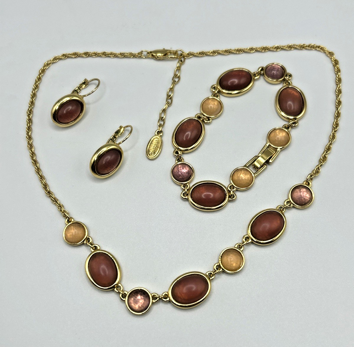 CONTESSA Gold Tone Muted Pink Cabochon Parure Necklace Bracelet Earrings Signed