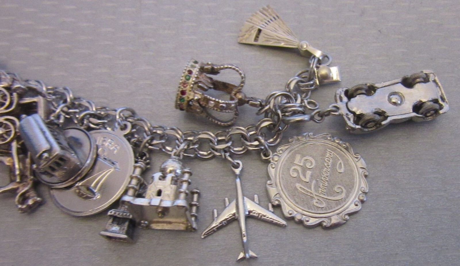 Vintage Sterling Silver Charm Bracelet Loaded 24P Buildings Travel 3D Full 92g