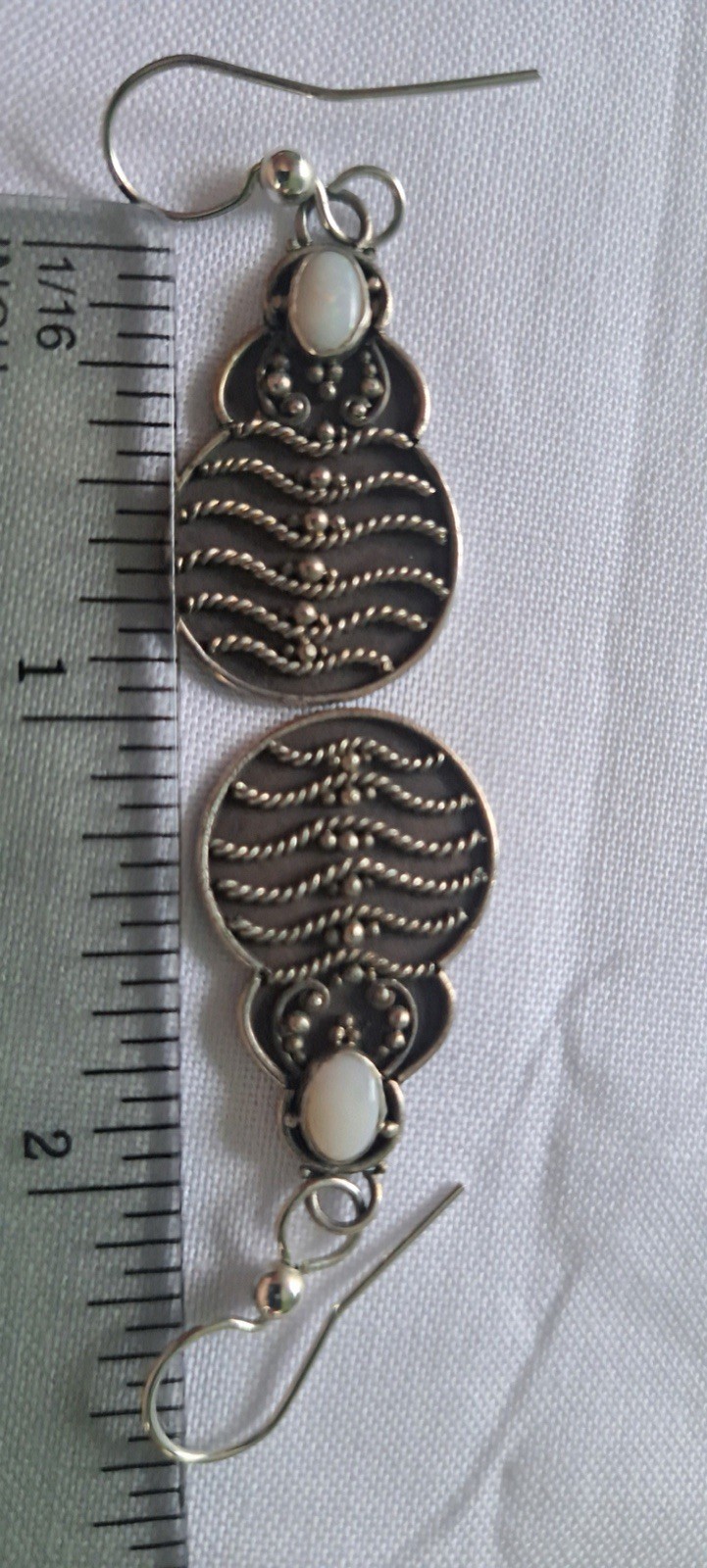 Vintage Oxidized Sterling Silver Mother of Pearl Oval White Dangle Earrings