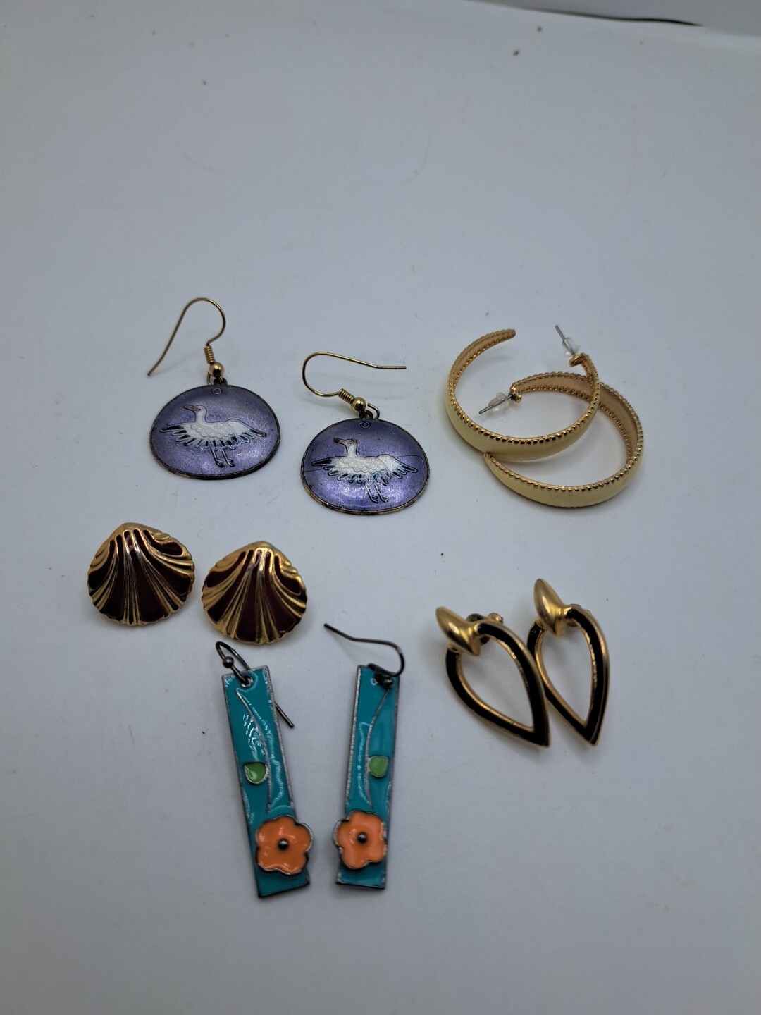 Lot (5) Metal And Enamel Earrings Studded Dangle Flowers Shell Egret Heron