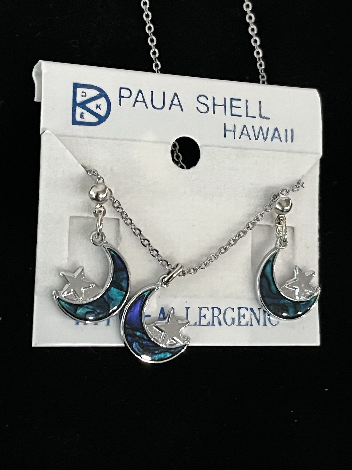 Vintage Paua Shell Hawaii Bohemian Boho Blue Moon Pendant Necklace Earring Set