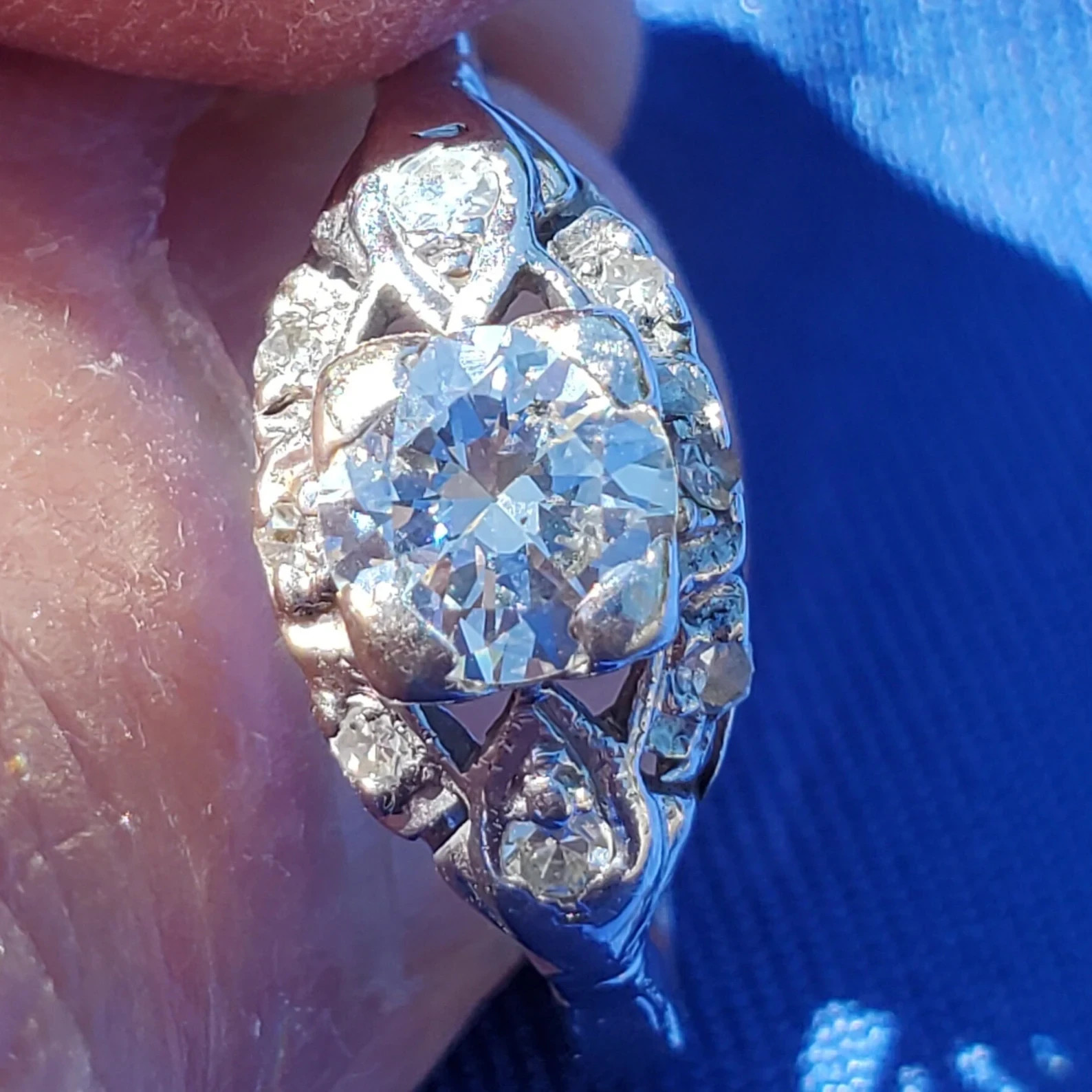 Original EARTH MINED DIAMOND Deco Engagement Ring Antique PLATINUM Solitaire S 8
