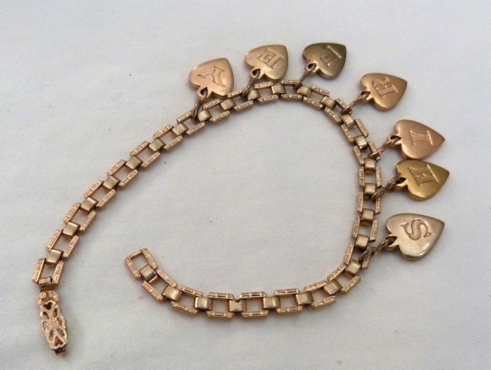VTG 1940s VICTORIAN REVIVAL FANCY LINKS “SHIRLEY” HEART CHARMS BRACELET ~ 7 3/8″