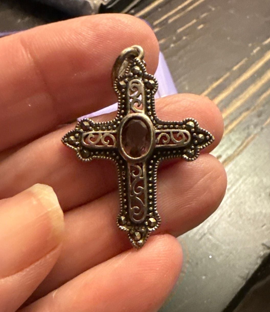 Vintage Sterling Silver Cross Pendant with Amethyst and Marcasite