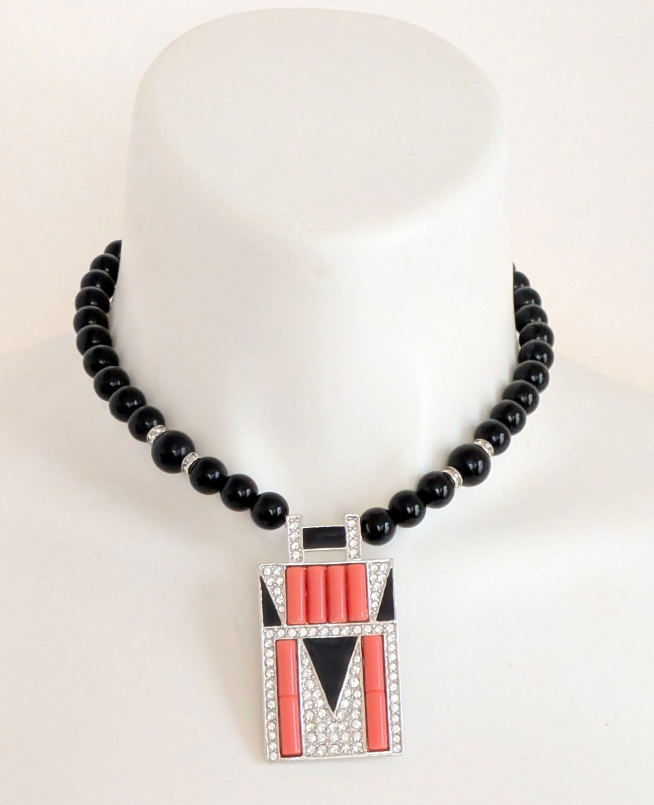 Gorgeous Rare KJL Kenneth Lane Black Beaded Art Deco Coral Pendant Necklace