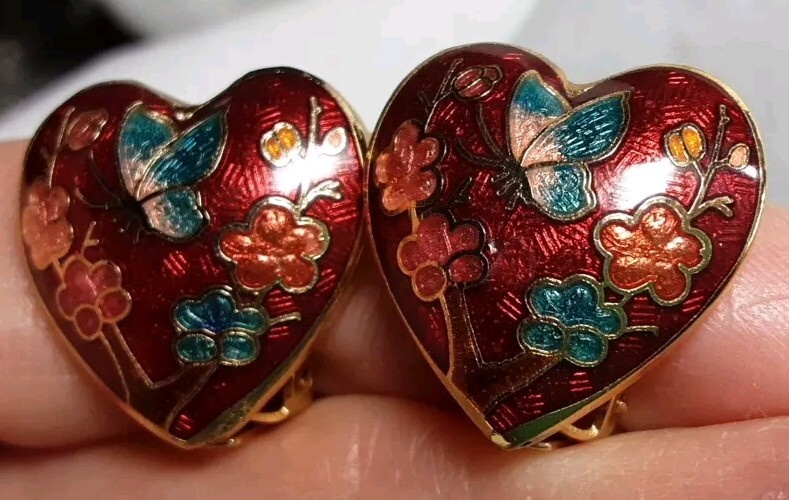 Earring Gold Tone Cloisonne Red Pink Blue Puff Heart Floral Butterfly Clip Vtg
