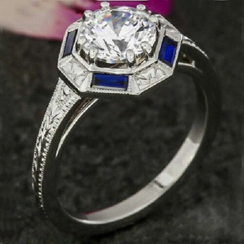 Art Deco Style 1.50Ct White Round Simulated Diamond Sterling Silver Wedding Ring