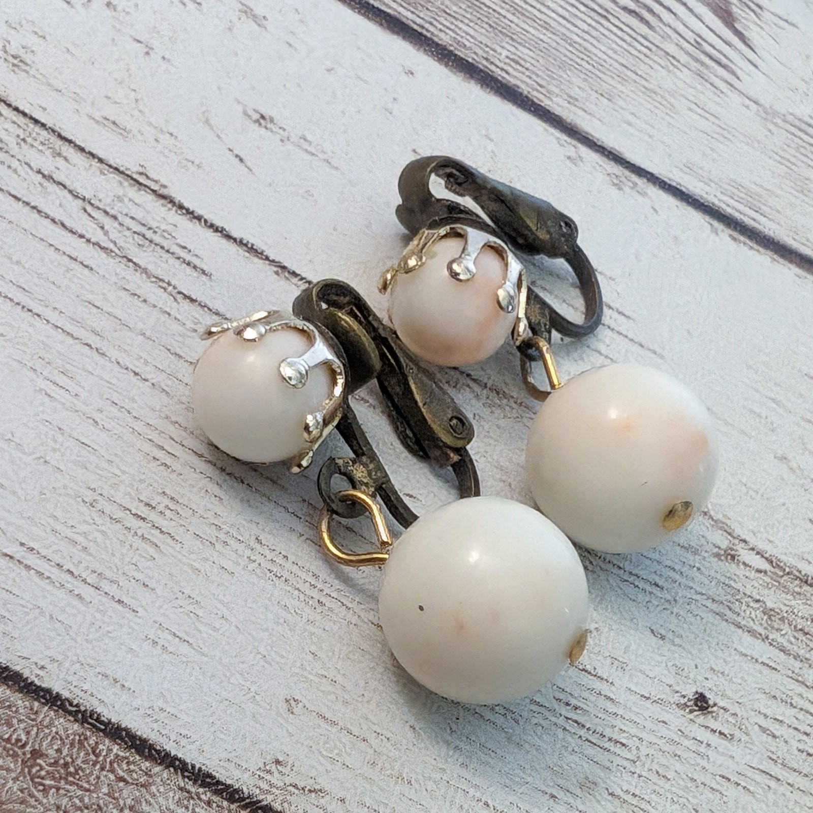 Vintage Clip On Earrings Ball Duo Dangle Off White with Pink Hues