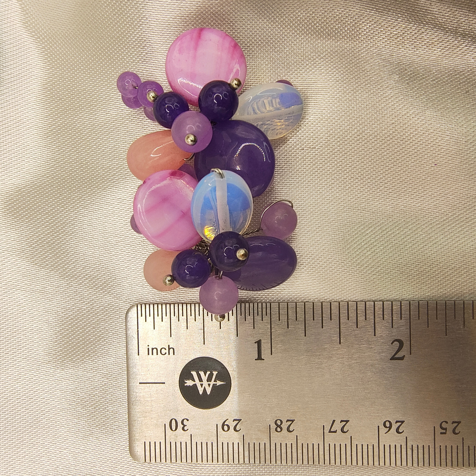 Chunky Purple Art Glass Brooch Pin Silver Tone Glass Beads Cluster Wire Abstract