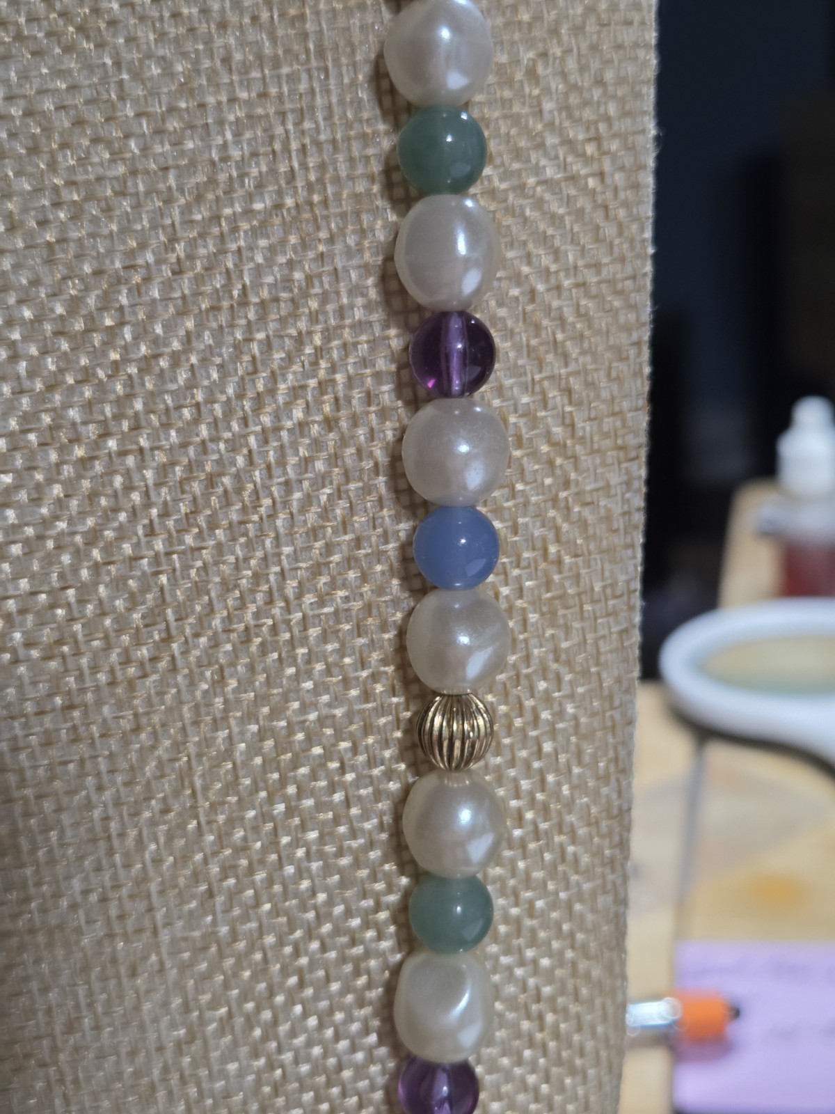34″ Opera Faux Pearl Blue Green Purple Bead Gold Tone Necklace Barrel Clasp