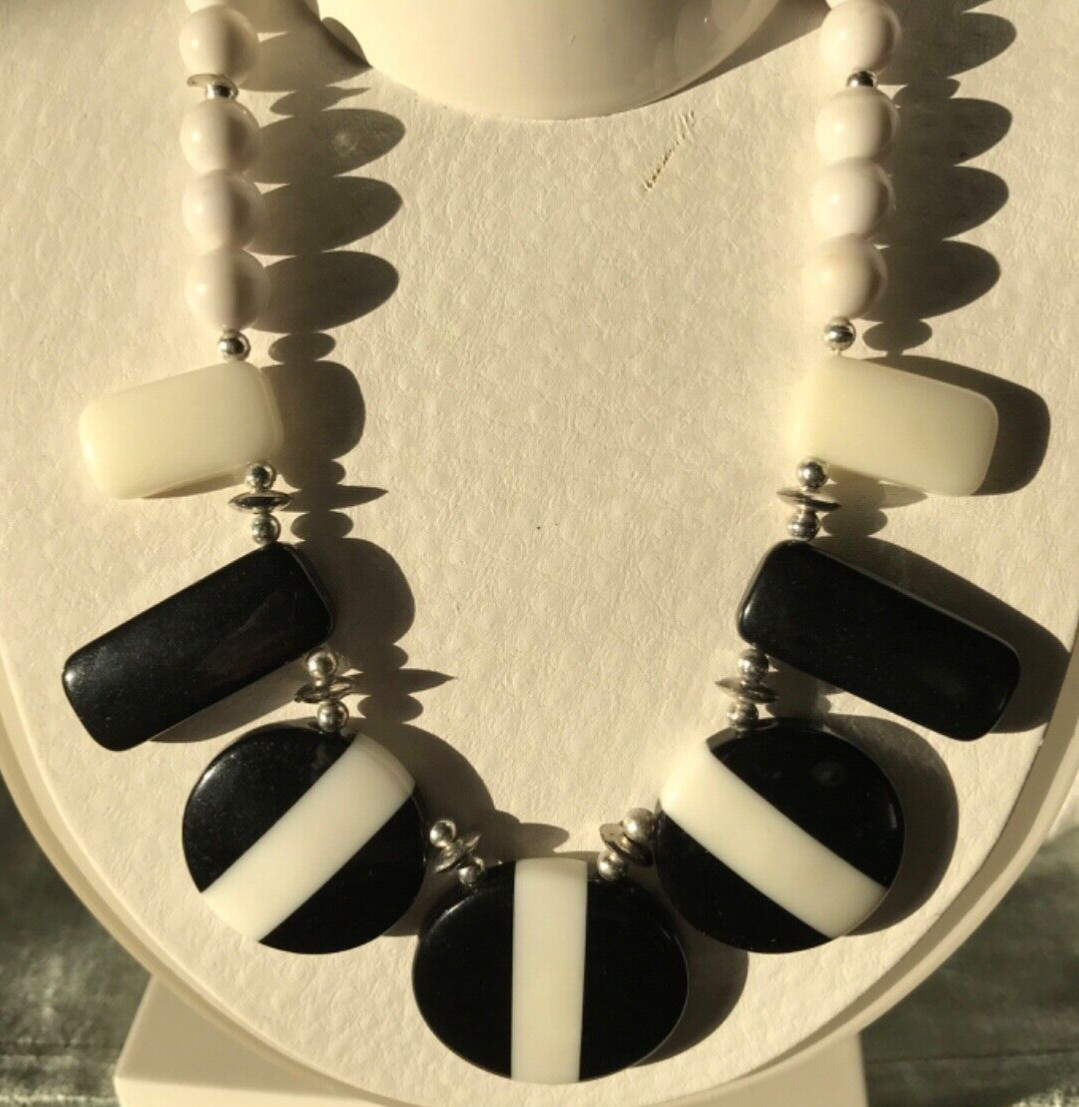 Vintage White Black Mod Plastic Bead Necklace