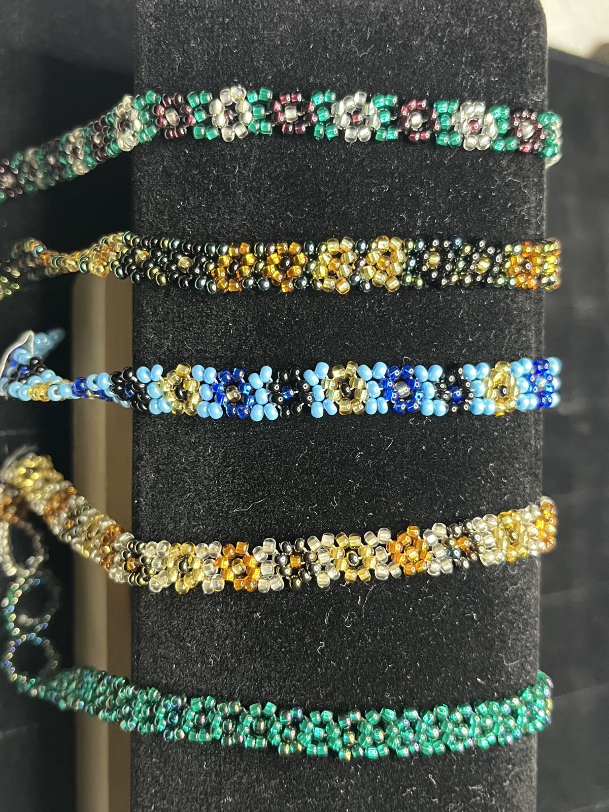 Lot of 5 Vintage Guatemalan Beaded Bracelets – Glass Flower Pattern – One w/Tag