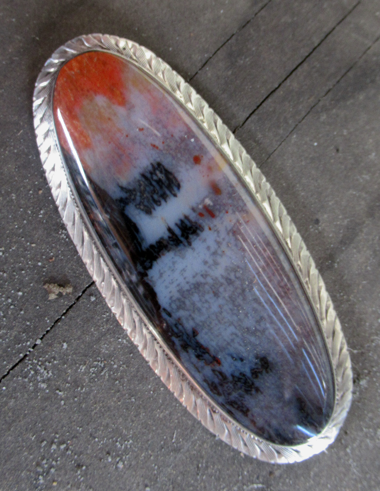 LARGE 2 3/8 INCHES NAVAJO STERLING PETRIFIED WOOD BROOCH PENDANT TOO