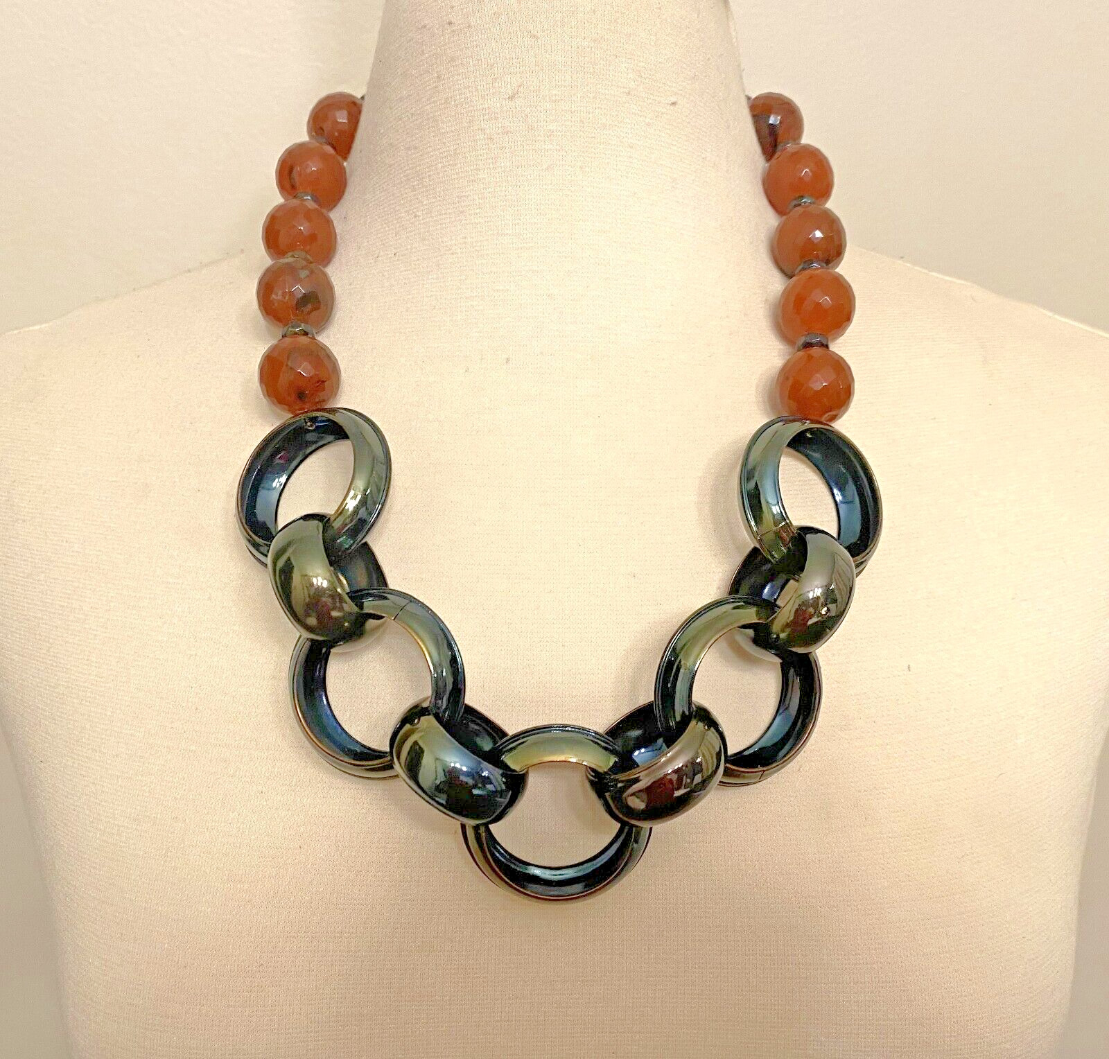 Vintage Brown Resin & Green Metal Chain Necklace