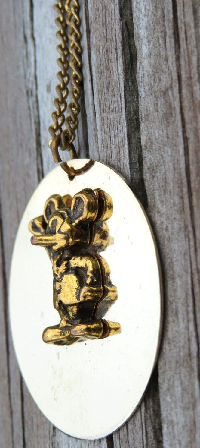 Vintage Walt Disney Micky Mouse Mirror Disc Pendant Charm Necklace Chain