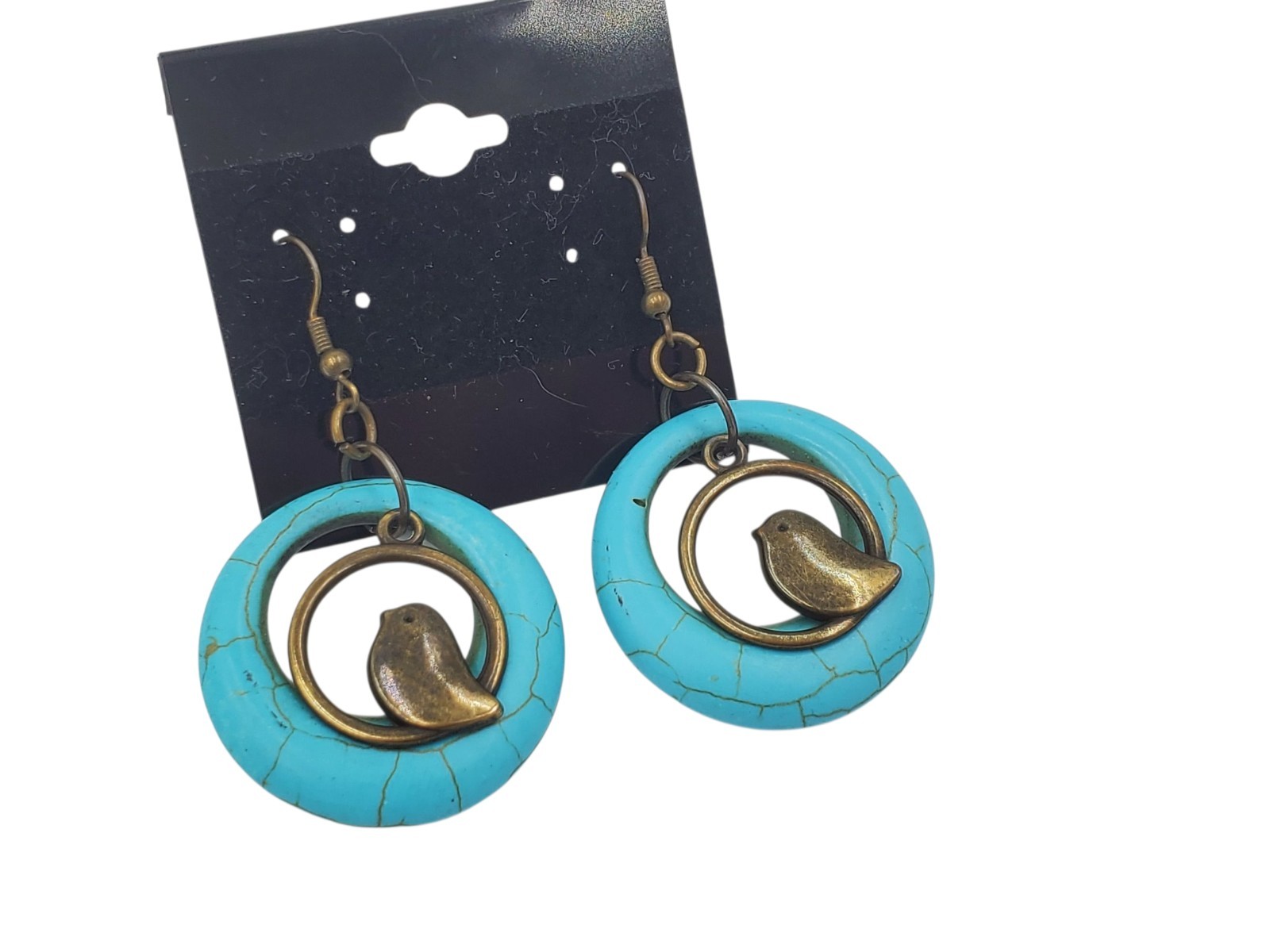 Vintage Brass and Blue Dyed Howlite Circles Dangle Bird Hook Pierced Earrings