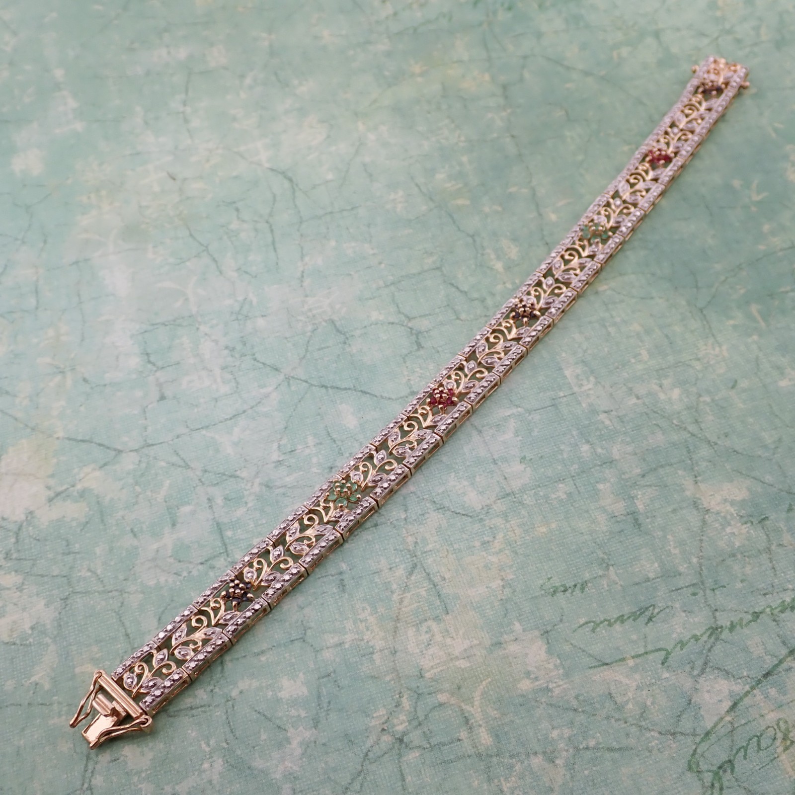 VTG Ross Simons Ruby Sapphire Emerald Flower Gold Over Sterling Silver Bracelet