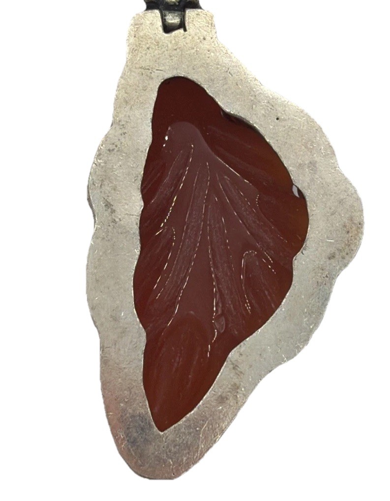 Vintage Sterling Silver Necklace Carved Carnelian Leaf Pendant Ornate Bail
