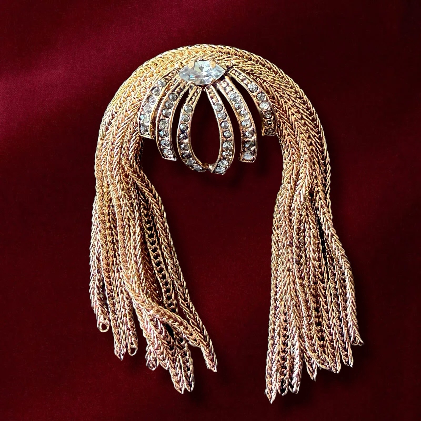 Tassel Brooch Gold Tone Rhinestone Mid Century Vintage Pin Fringe Waterfall