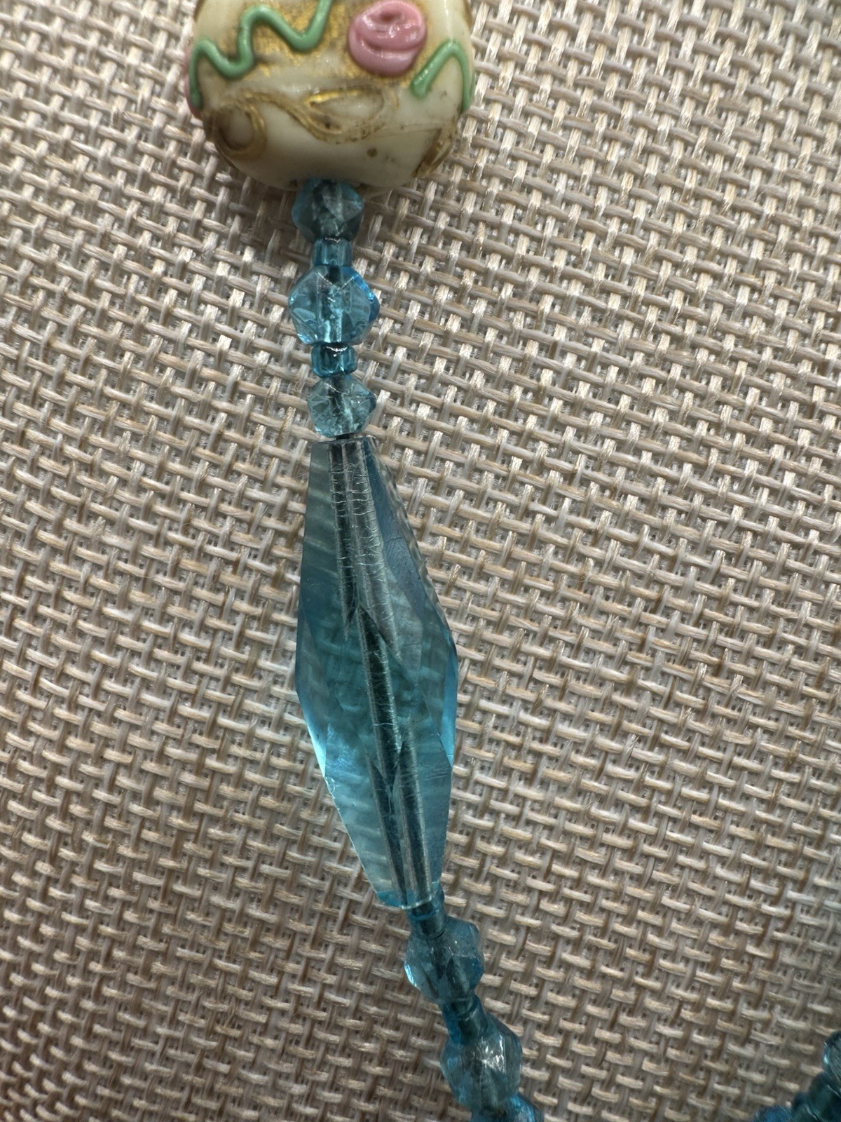 VTG Venetian Glass Wedding Cake & Blue Glass Beads Tassel Hand Knot Necklace 32″