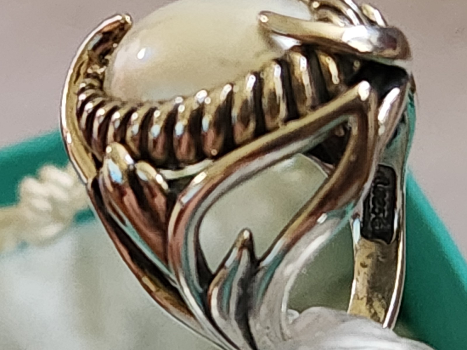 Carolyn Pollack Large Oval Pearl Ring Size 5.4 Box, Bag Sterling Vintage