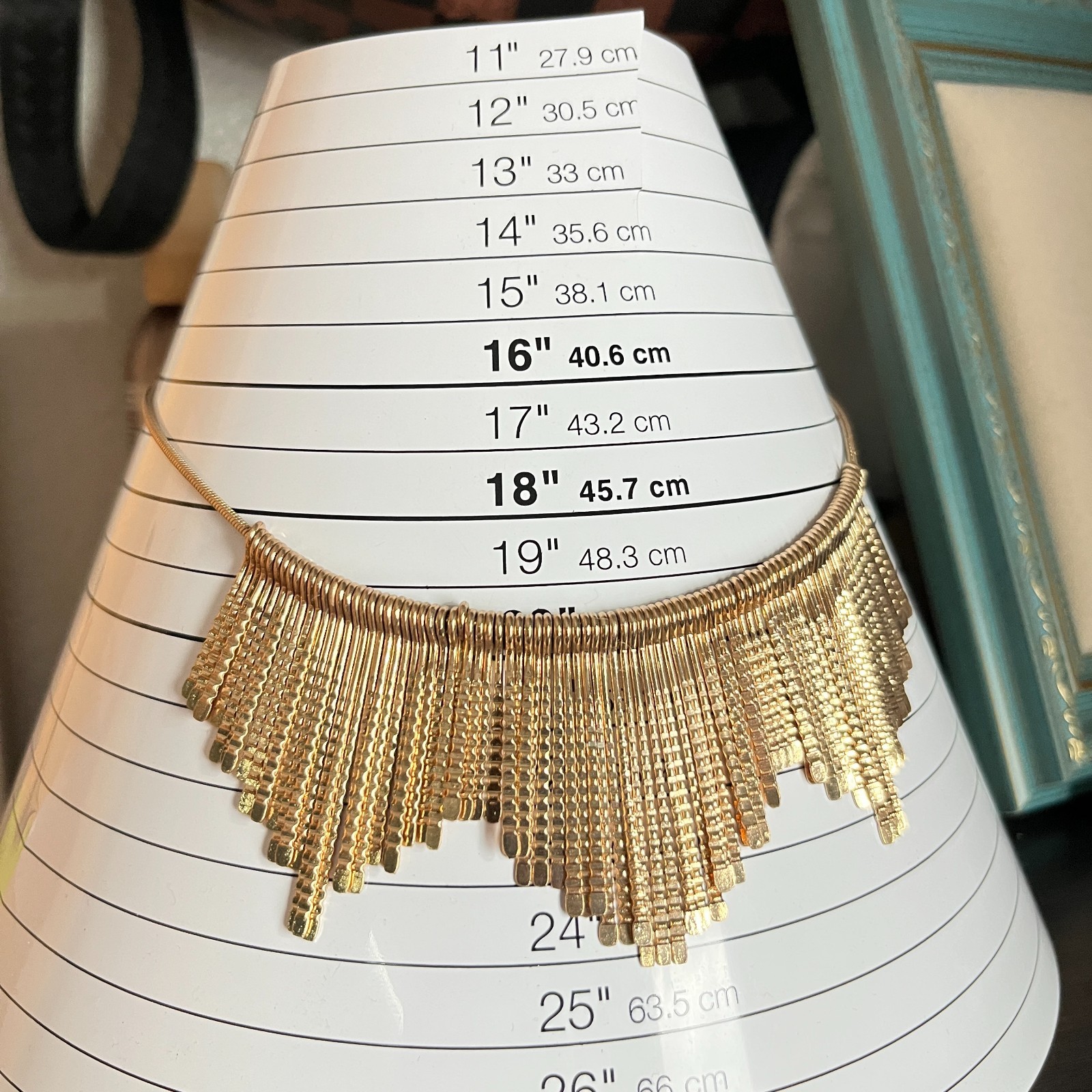 Vintage Style Gold Tone Fringe Bib Necklace, Textured Bar Drop Statement Jewelry