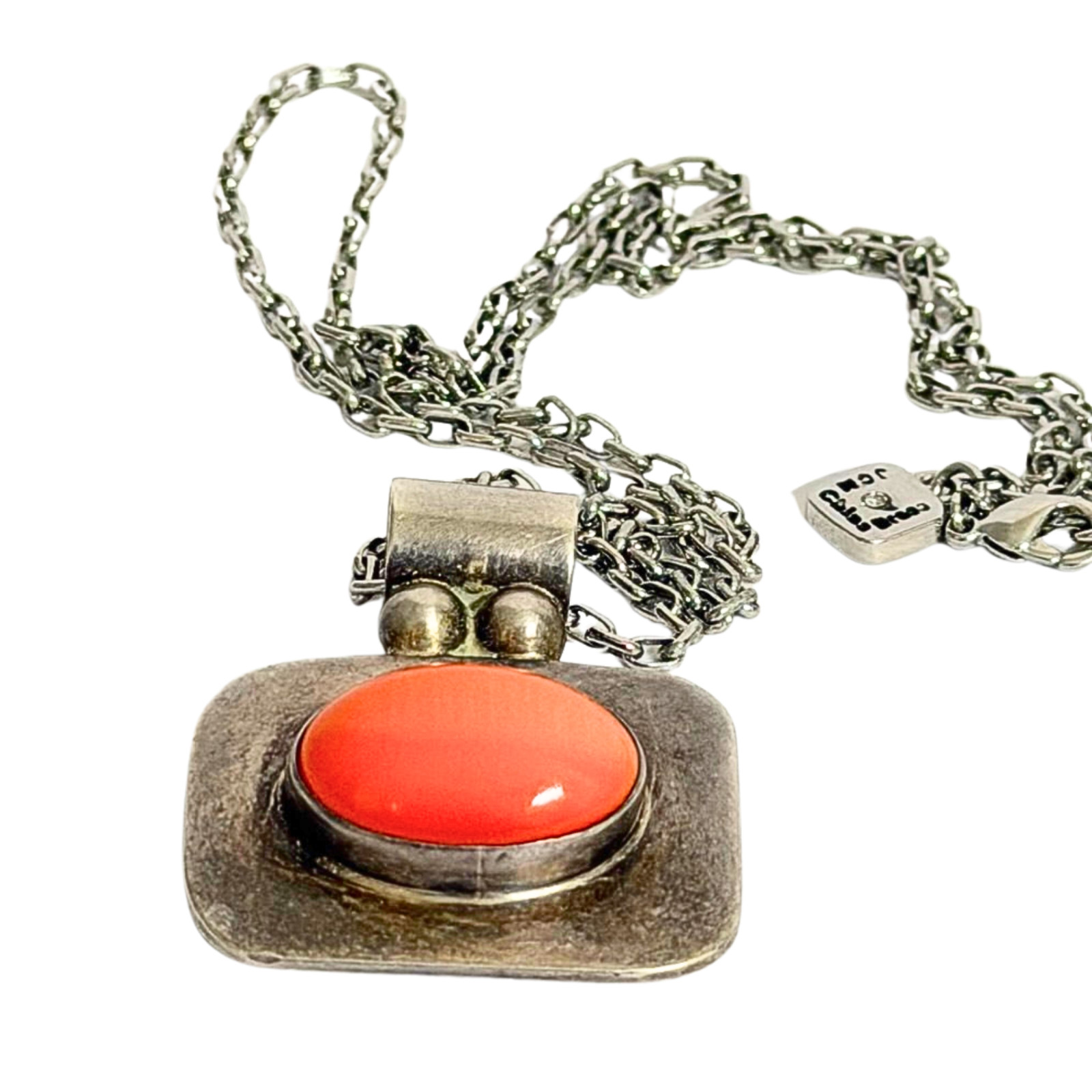Vintage ATI Mexico 925 Sterling Silver Coral Cabochon Pendant Necklace Signed