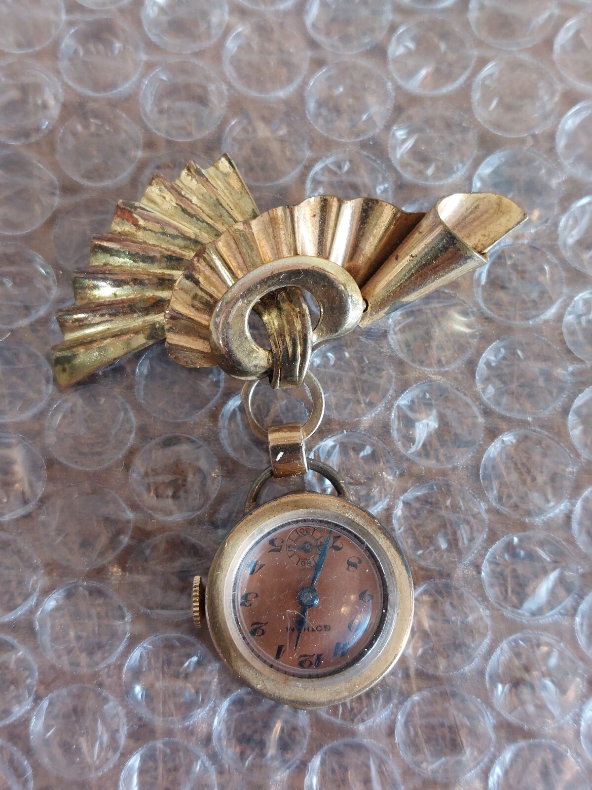 Vintage Gotham Manual Brooch Pin Watch 7 Jewels Copper Face Works 1/20 12k GF