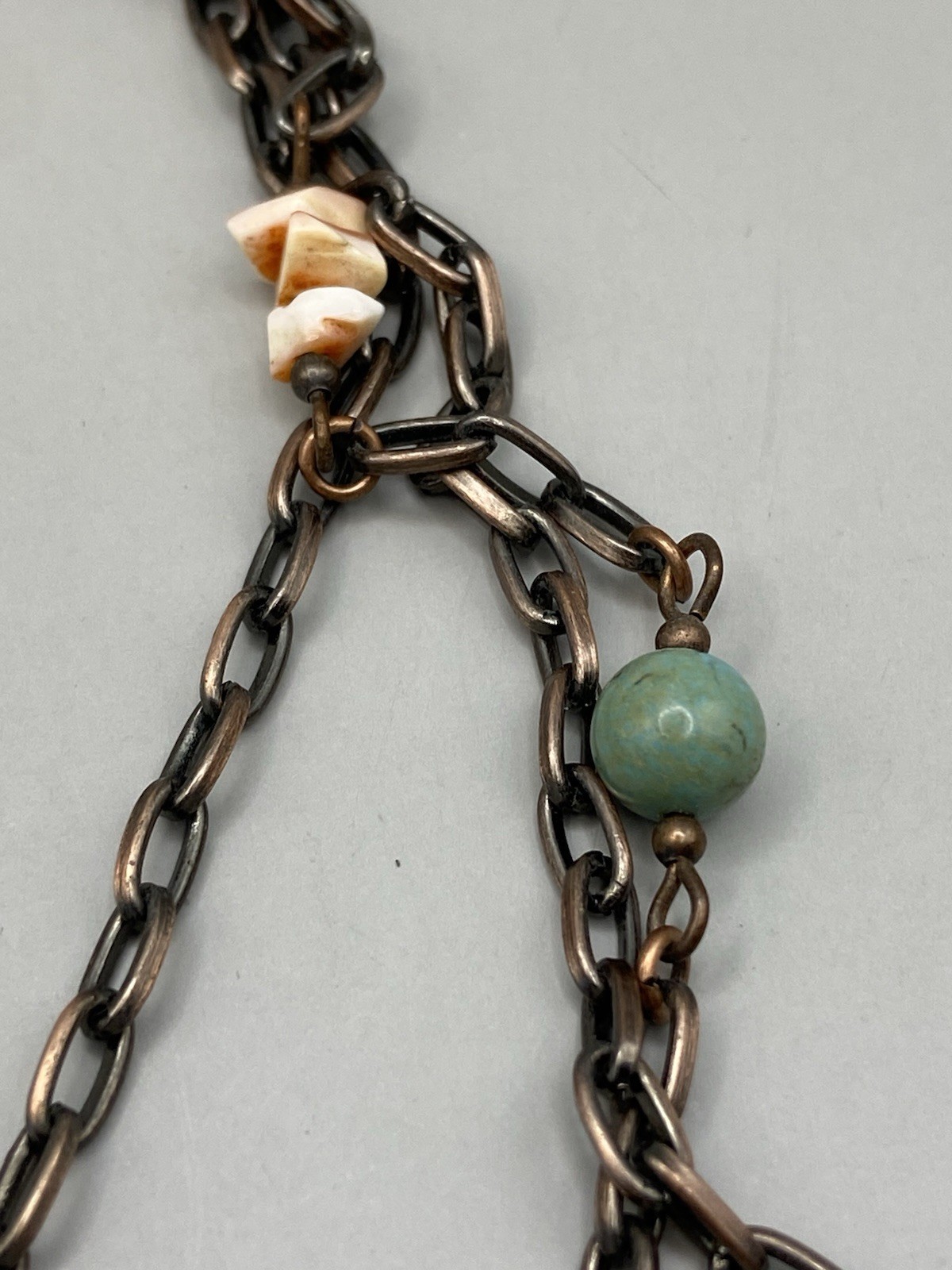 Vintage Three Chain Beaded Shell Necklace Acrylic Copper Tone Estate