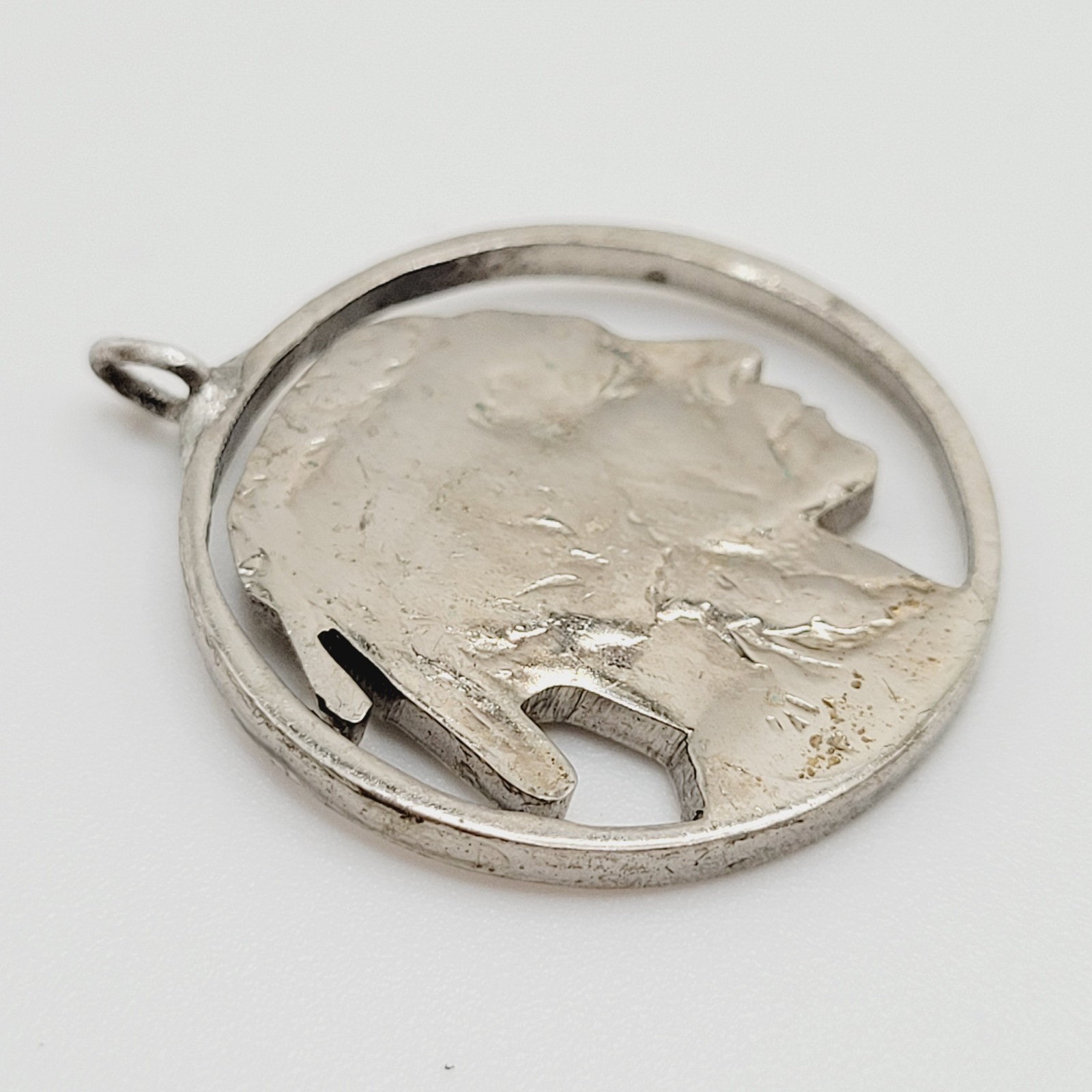 Shiny Buffalo Indian Nickel Silver Tone Cut Coin Pendant Cracked Bail For Repair