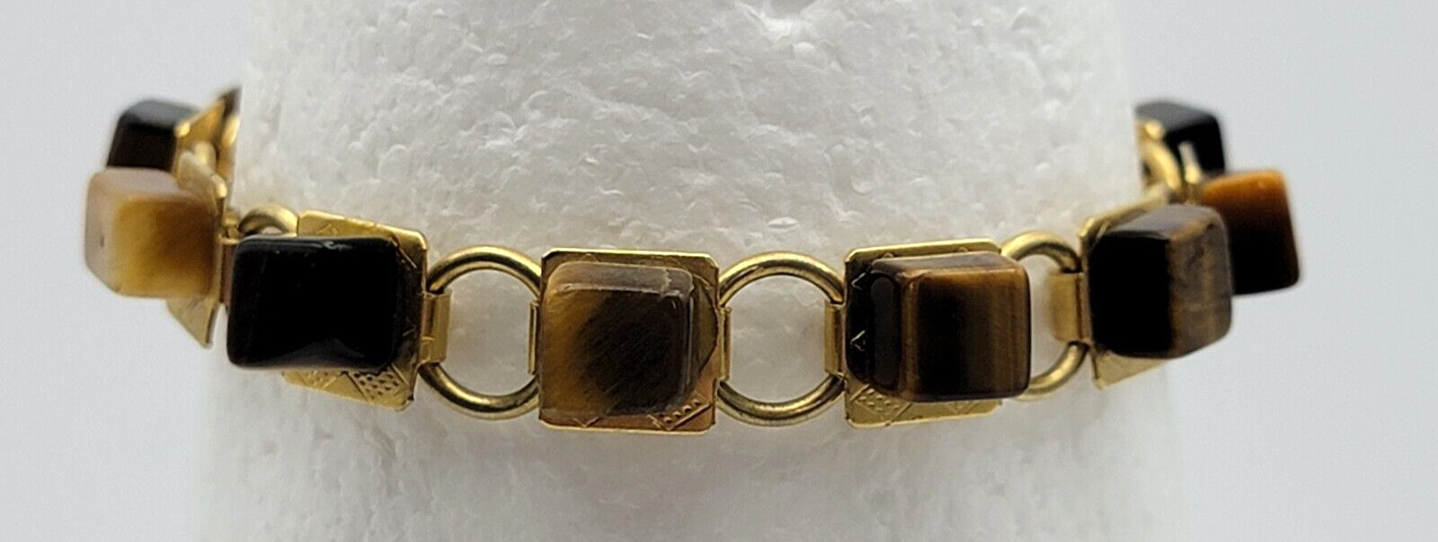 Vintage Art Deco Gold Tone Tiger’s Eye Square Bead Bracelet 7.25 in Fold Clasp
