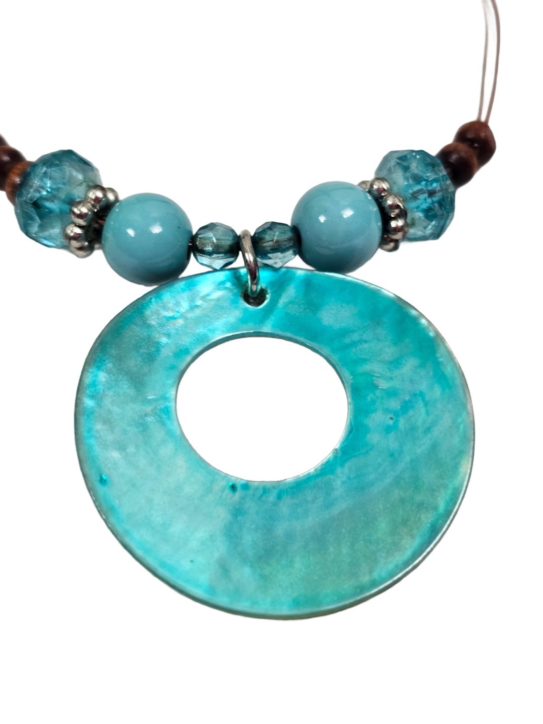 Vintage Abalone Paua Shell & Bead Donut Pendant Wire Necklace Bohemian | Beachy