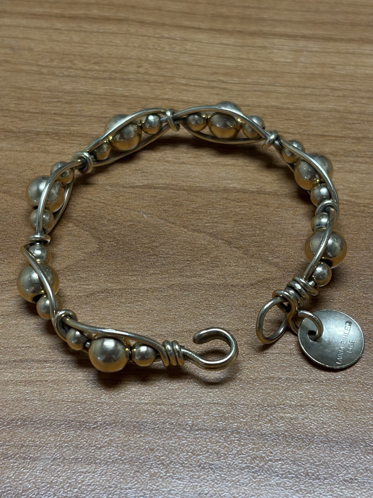 Ladda Bihler 14k Gold Filled Beaded Wire Bracelet, Signed! Hook Clasp!