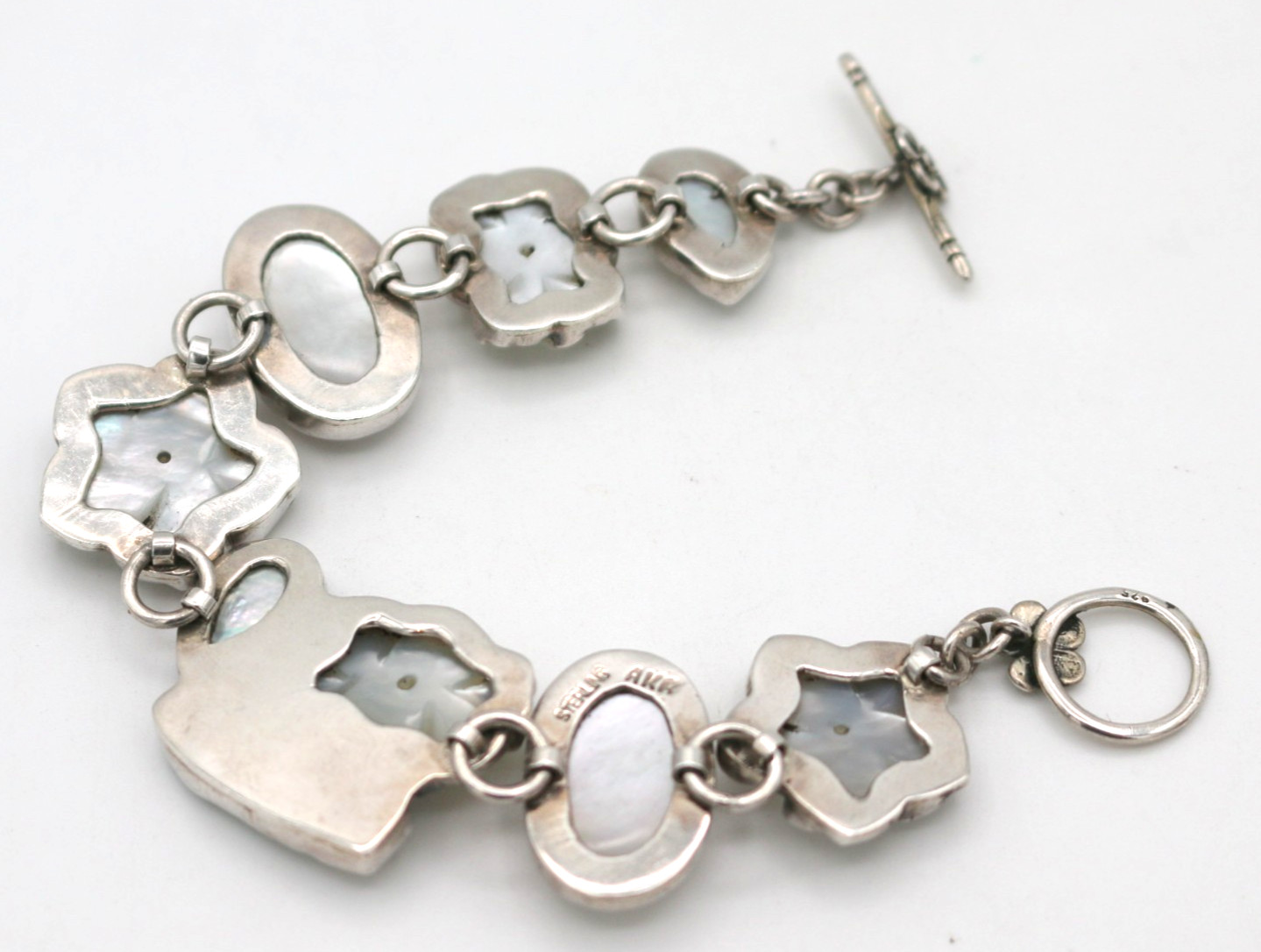 AKR Amy Kahn Russell Sterling Silver 925 Carved MOP Flowers Bracelet 7.5”
