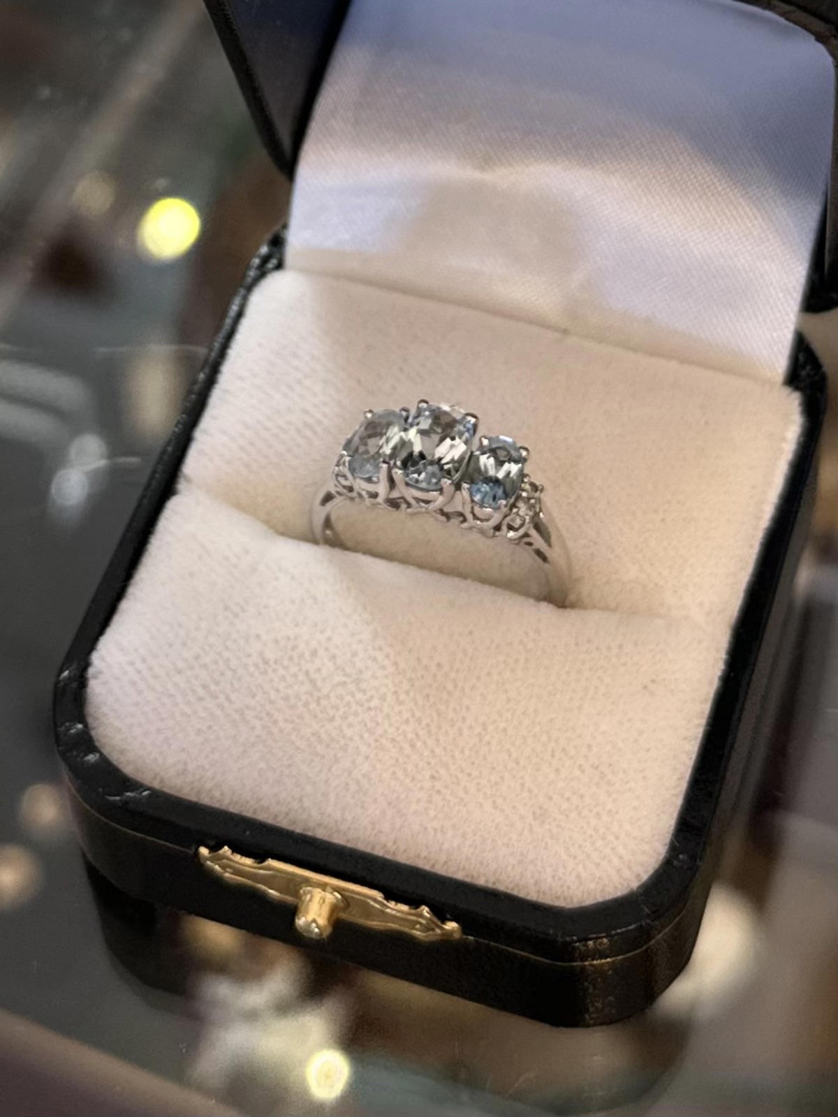 Vintage 14k White Gold Faceted Aquamarine & Diamond Ring US Size 7 1/2